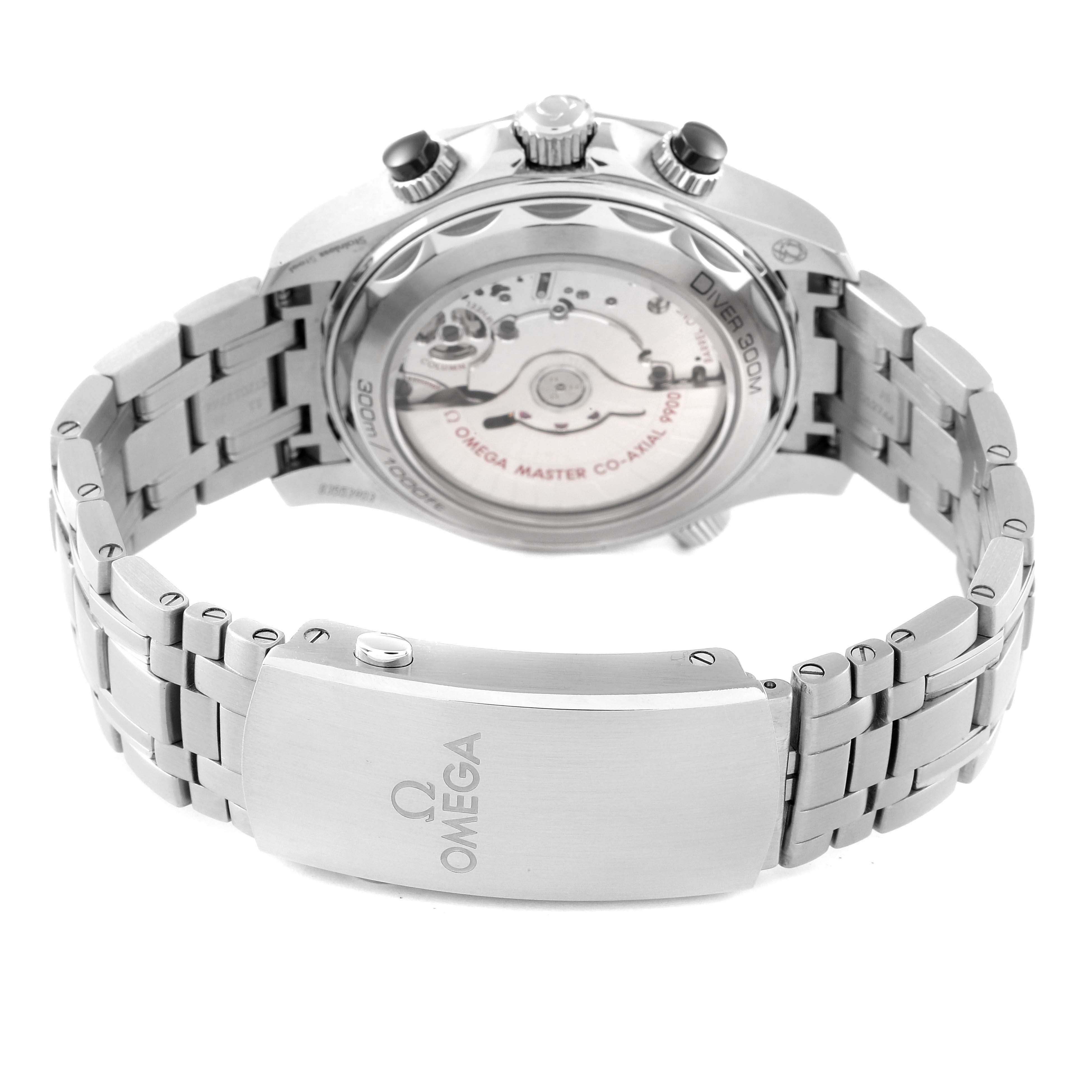 The image shows the Omega Seamaster 210.30.44.51.01.001 Men's Stainless Steel Black Dial 210.30.44.51.01.001 Men's Stainless Steel Black Dial watch from a rear angle, highlighting its case back and metal bracelet.