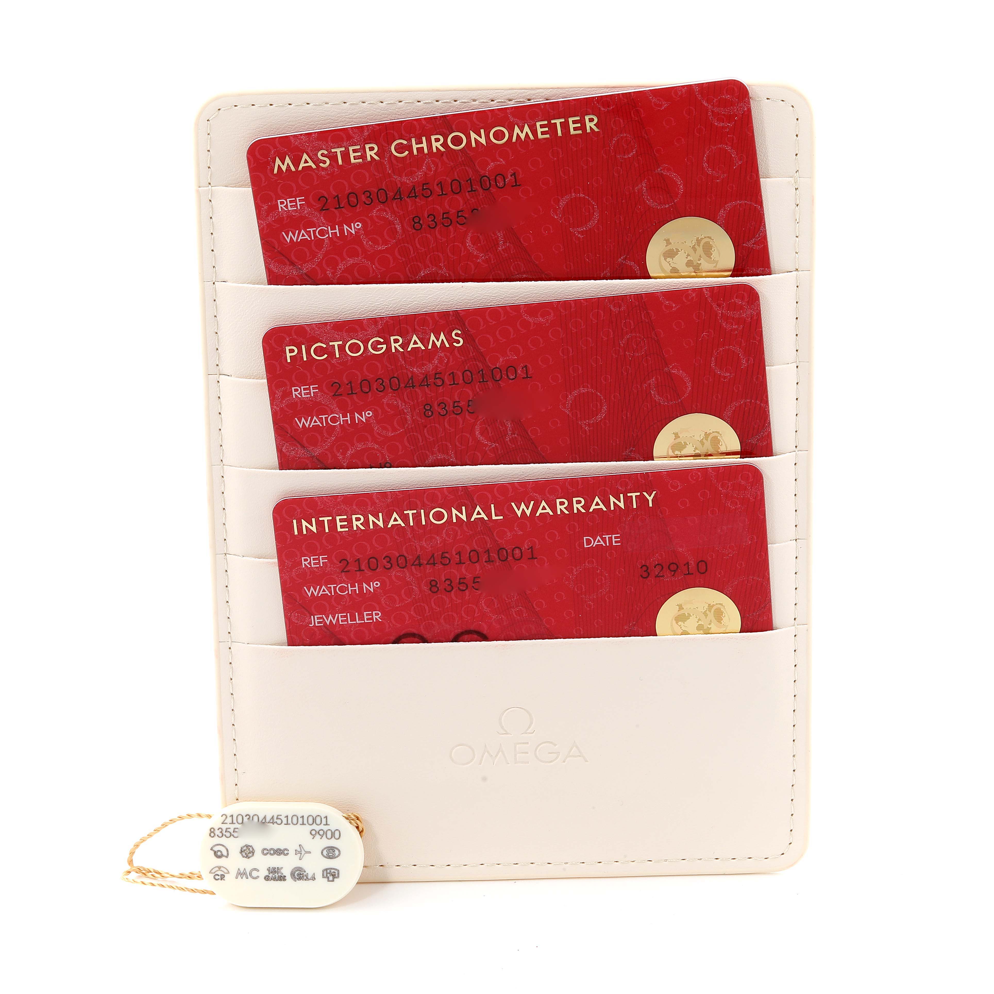 This image shows warranty and pictogram cards for an Omega Seamaster 210.30.44.51.01.001 Men's Stainless Steel Black Dial 210.30.44.51.01.001 Men's Stainless Steel Black Dial watch, along with a white cardholder and a tag.