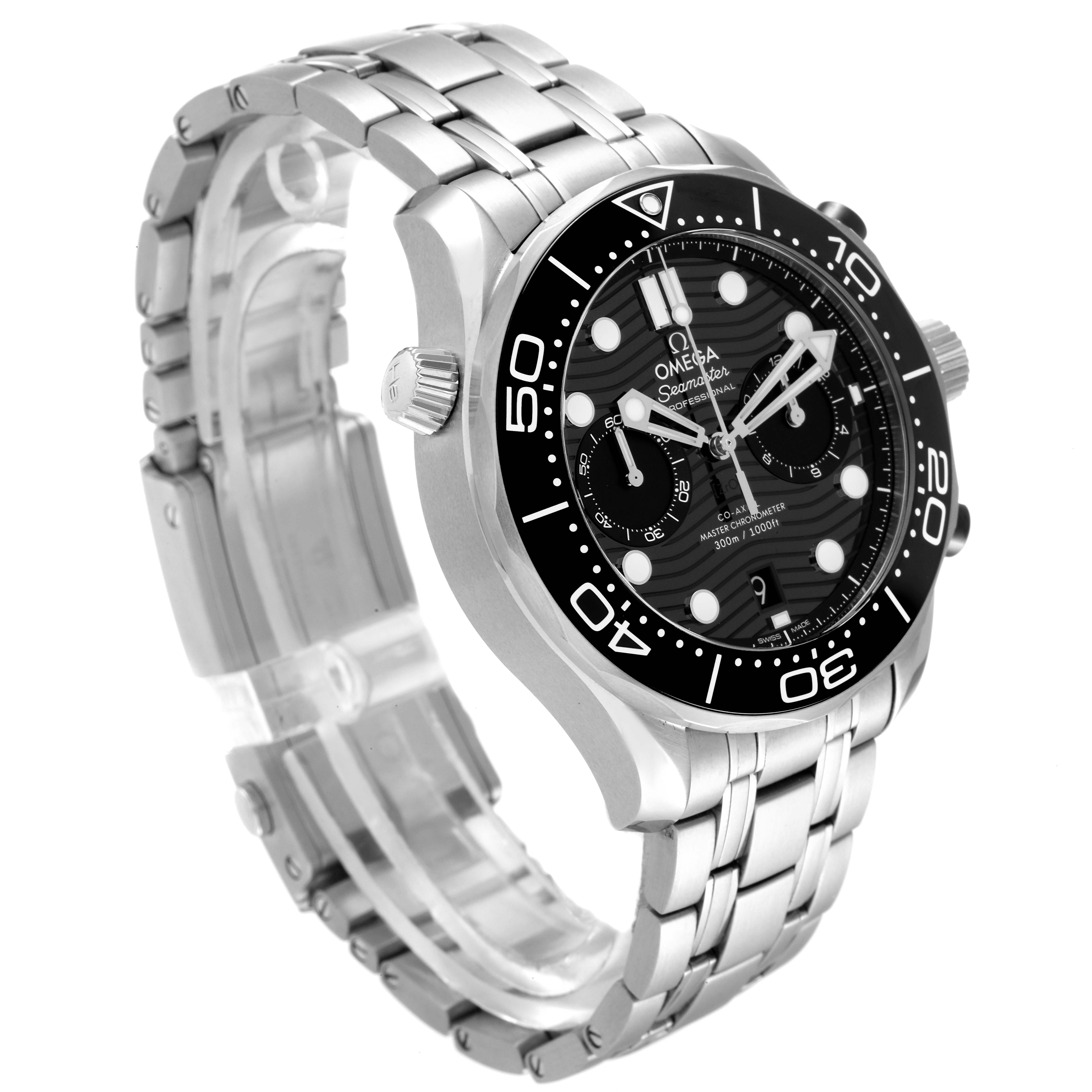 The image shows an Omega Seamaster 210.30.44.51.01.001 Men's Stainless Steel Black Dial 210.30.44.51.01.001 Men's Stainless Steel Black Dial watch at a three-quarter angle, highlighting the face, bezel, and metal bracelet.