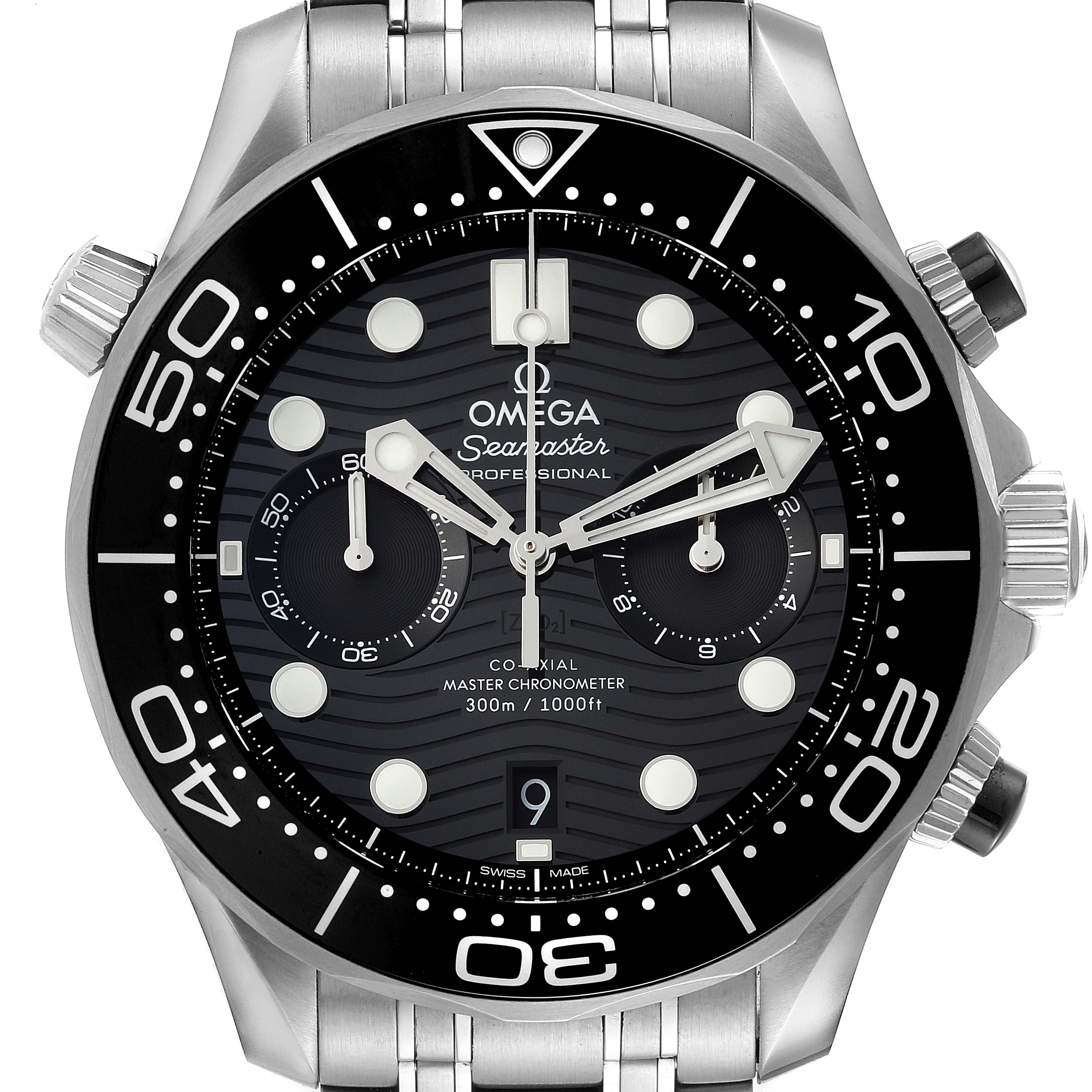 The image shows a front view of the Omega Seamaster 210.30.44.51.01.001 Men's Stainless Steel Black Dial 210.30.44.51.01.001 Men's Stainless Steel Black Dial watch, highlighting its dial, bezel, and stainless steel bracelet.