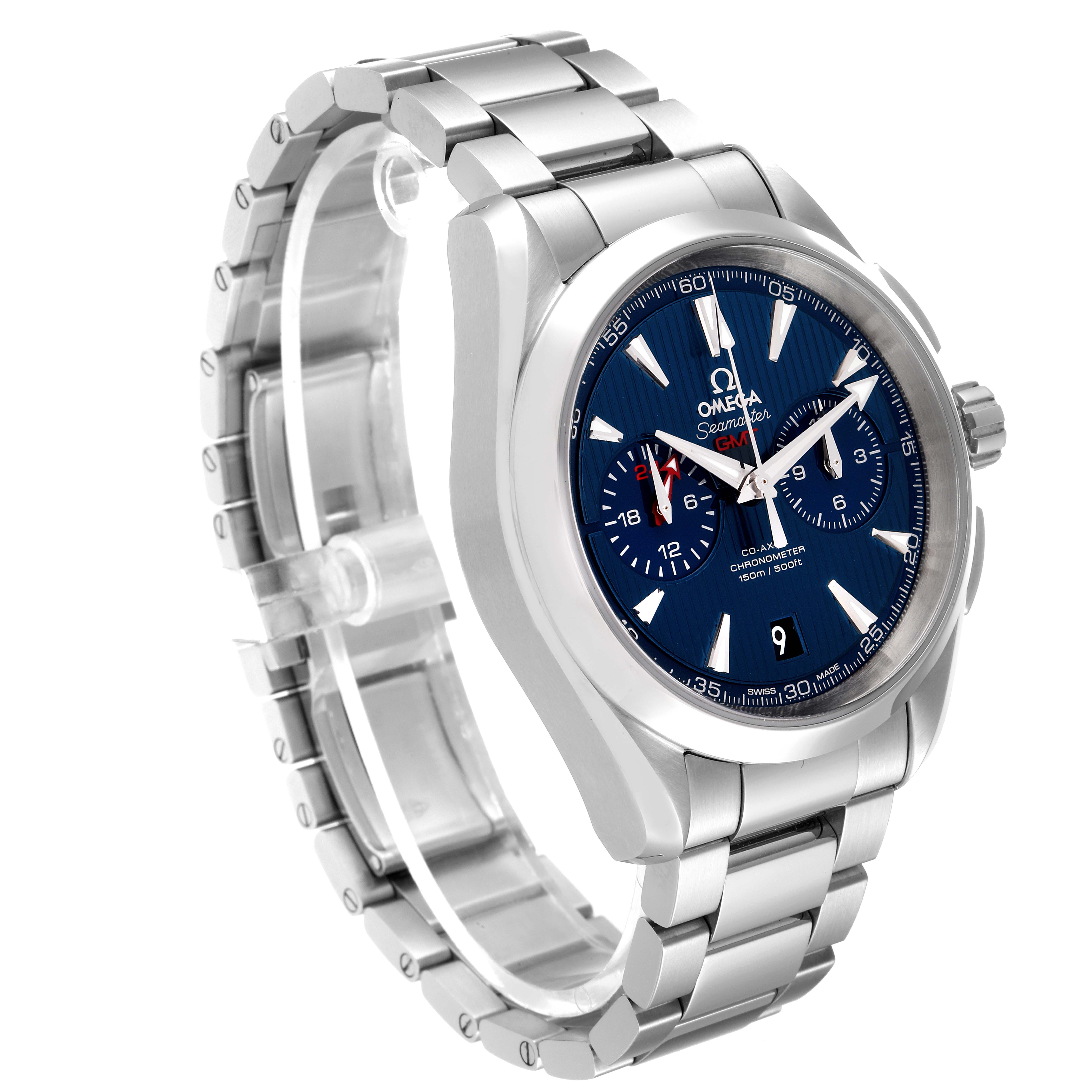 This image shows a three-quarter angle view of the Omega Aqua Terra 231.10.43.52.03.001 Men's Stainless Steel Blue Dial 231.10.43.52.03.001 Men's Stainless Steel Blue Dial watch, highlighting its face, bezel, and stainless steel bracelet.