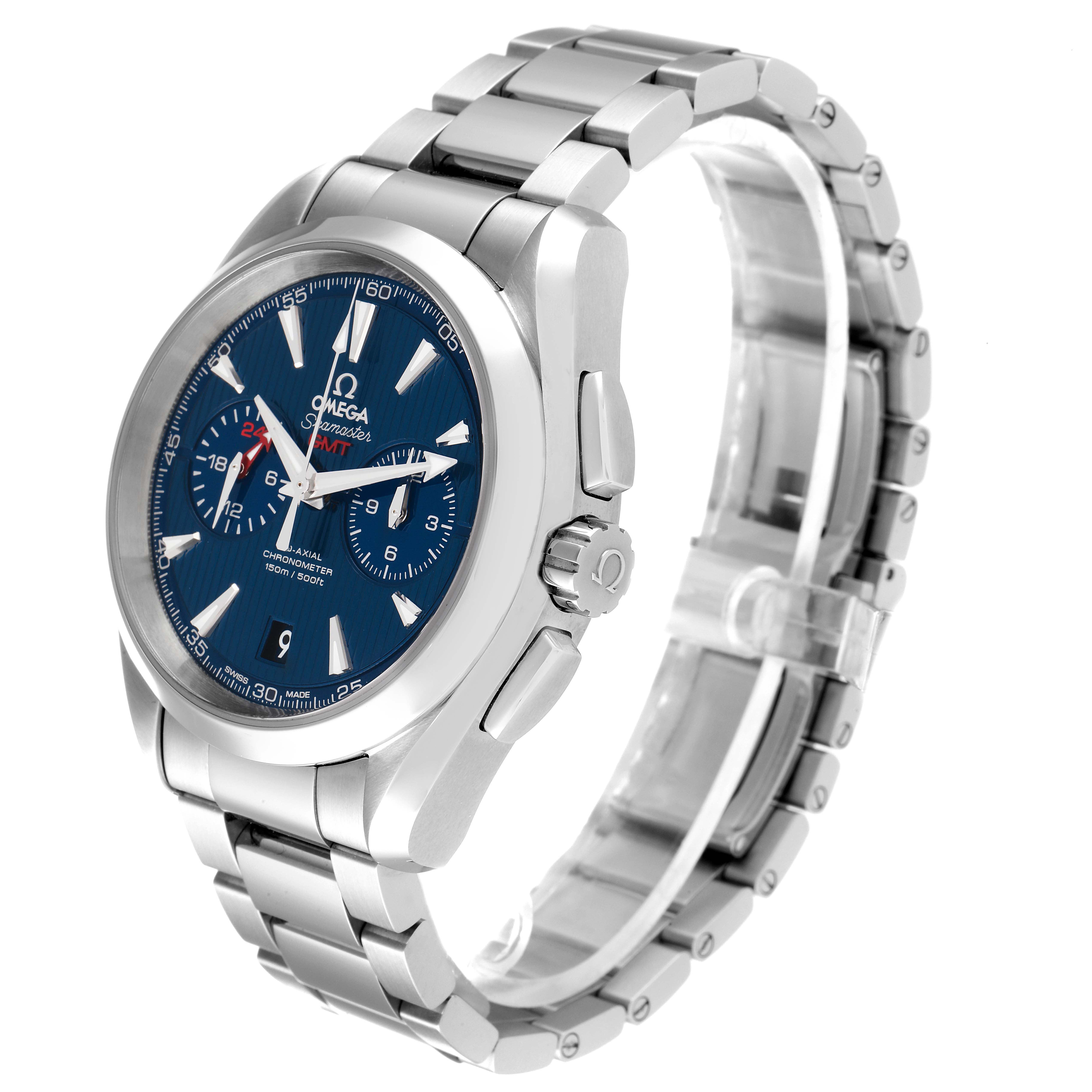 The image shows the front and side view of the Omega Aqua Terra 231.10.43.52.03.001 Men's Stainless Steel Blue Dial 231.10.43.52.03.001 Men's Stainless Steel Blue Dial watch, highlighting its blue dial and stainless steel bracelet.