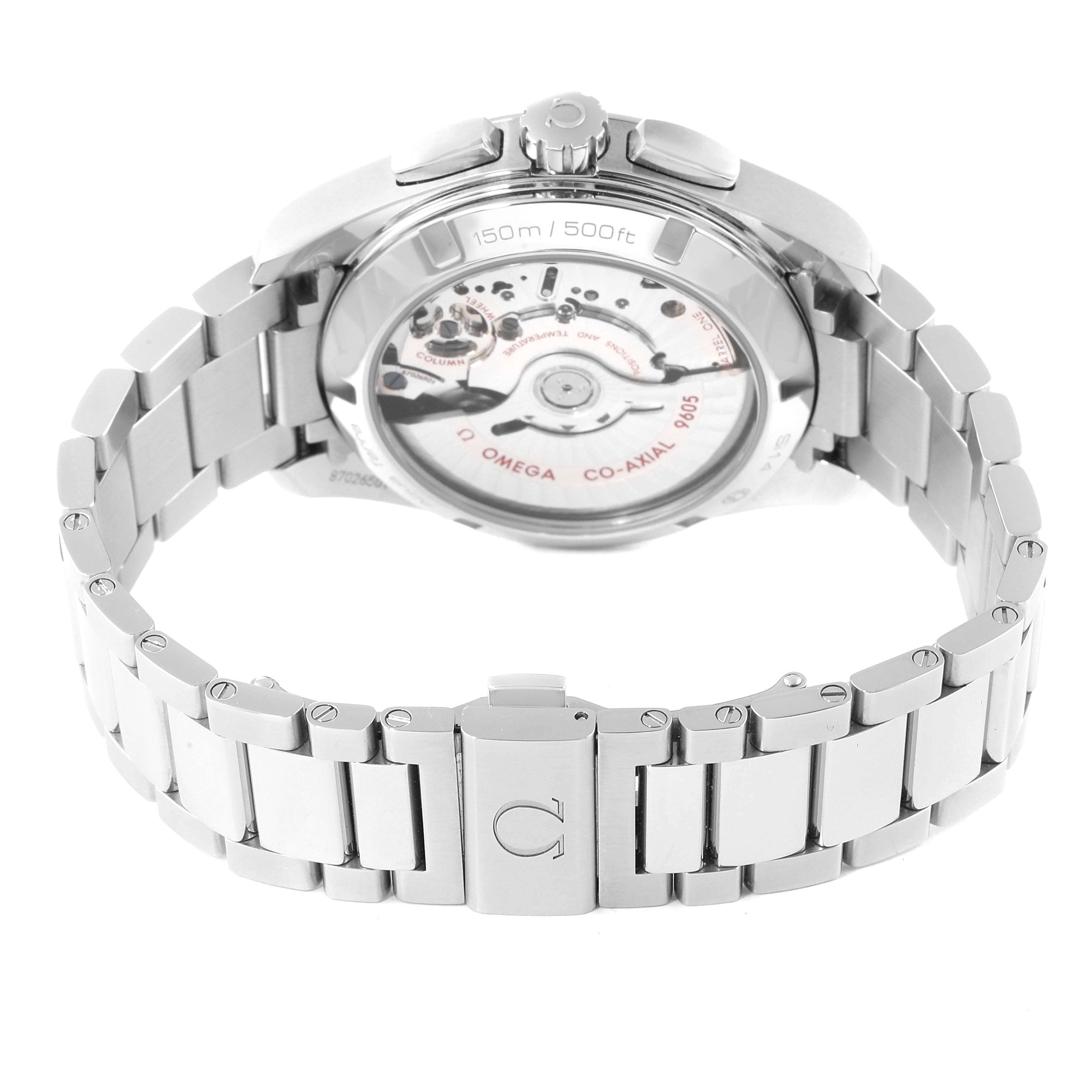 The image shows the back view of an Omega Aqua Terra 231.10.43.52.03.001 Men's Stainless Steel Blue Dial 231.10.43.52.03.001 Men's Stainless Steel Blue Dial watch, displaying its stainless steel bracelet and open case back.