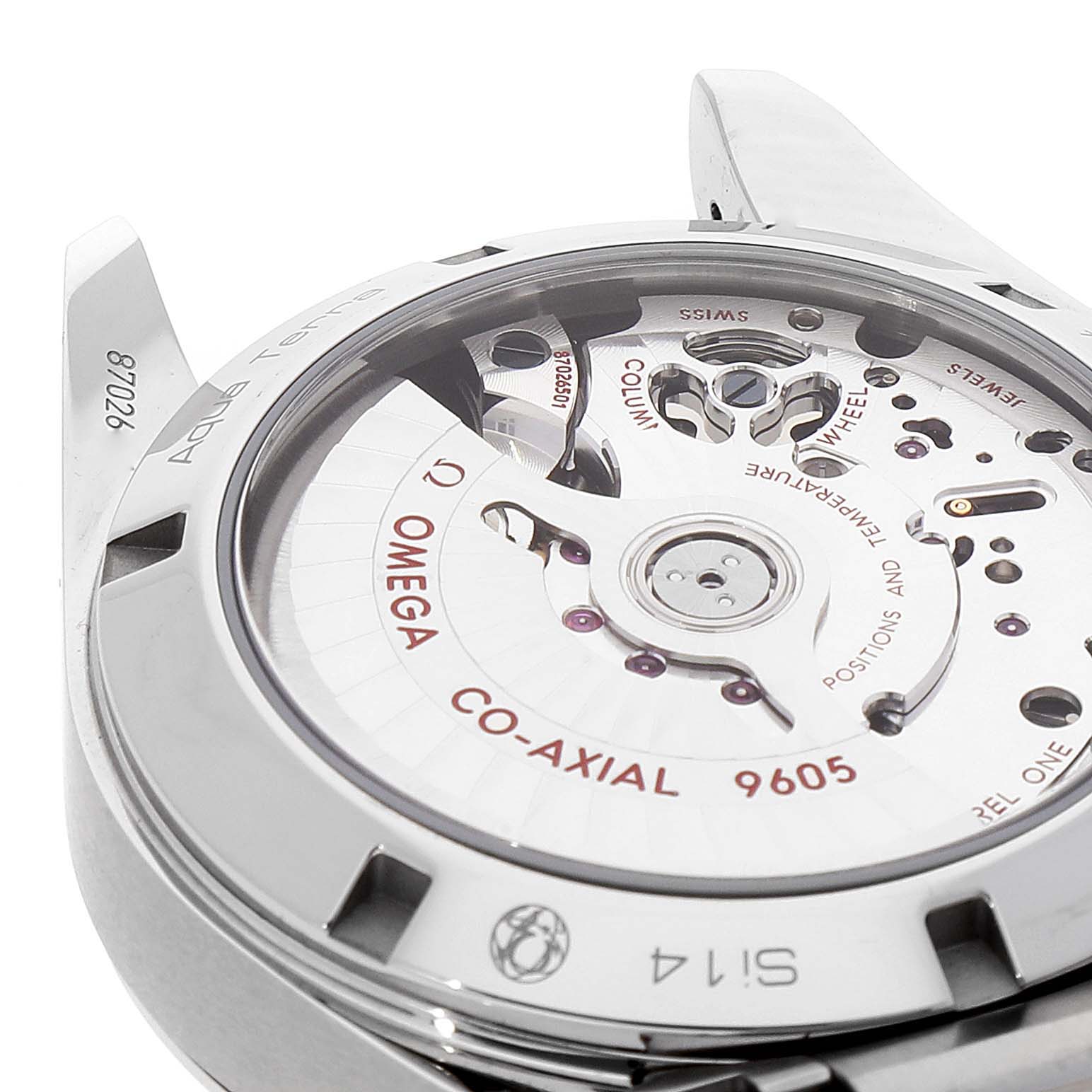 This image shows the back view of the Omega Aqua Terra 231.10.43.52.03.001 Men's Stainless Steel Blue Dial 231.10.43.52.03.001 Men's Stainless Steel Blue Dial watch, highlighting its Co-Axial 9605 movement.