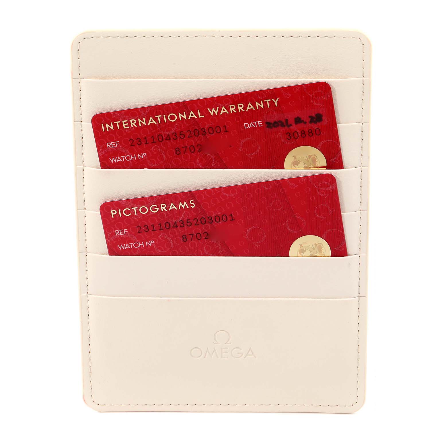 The image shows warranty and pictogram cards for the Omega Aqua Terra 231.10.43.52.03.001 Men's Stainless Steel Blue Dial 231.10.43.52.03.001 Men's Stainless Steel Blue Dial watch inserted in a beige cardholder.