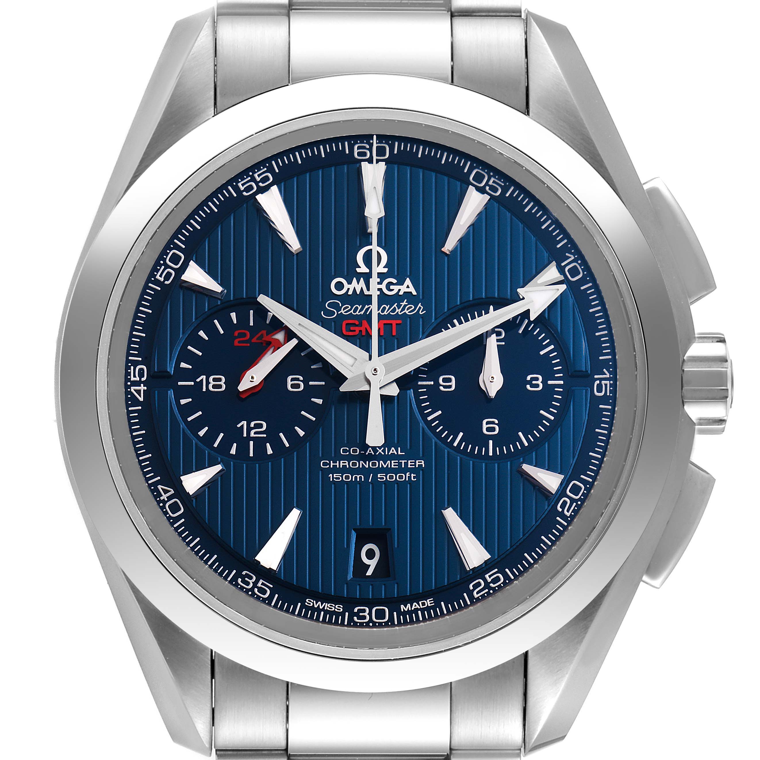 This image shows a front view of the Omega Aqua Terra 231.10.43.52.03.001 Men's Stainless Steel Blue Dial 231.10.43.52.03.001 Men's Stainless Steel Blue Dial Seamaster GMT watch, highlighting its face, hands, dial, and bracelet.