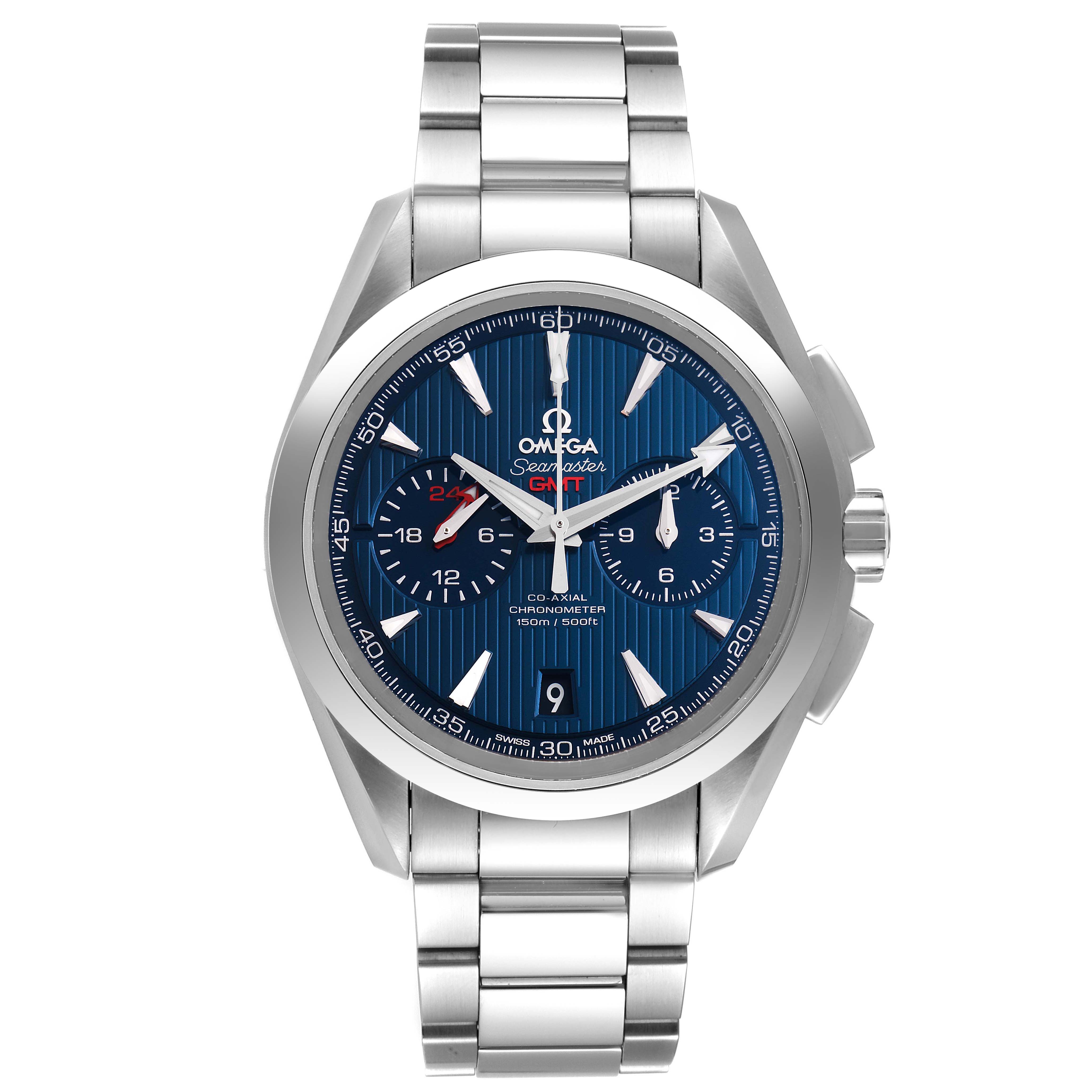 The image shows a front view of the Omega Aqua Terra 231.10.43.52.03.001 Men's Stainless Steel Blue Dial 231.10.43.52.03.001 Men's Stainless Steel Blue Dial watch, highlighting its blue dial and stainless steel bracelet.