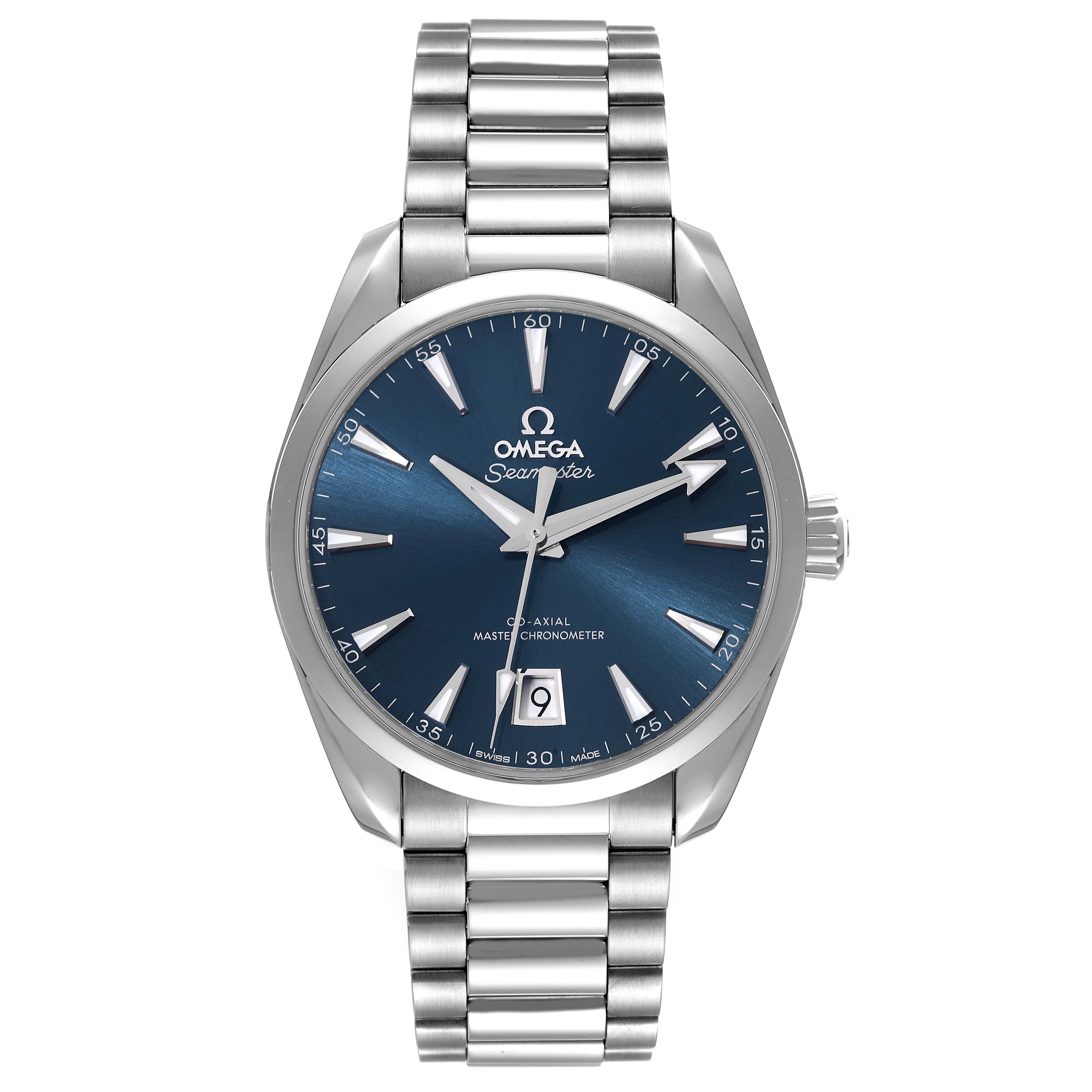 This image shows a front view of the Omega Seamaster Aqua Terra watch featuring its blue dial and metal bracelet.