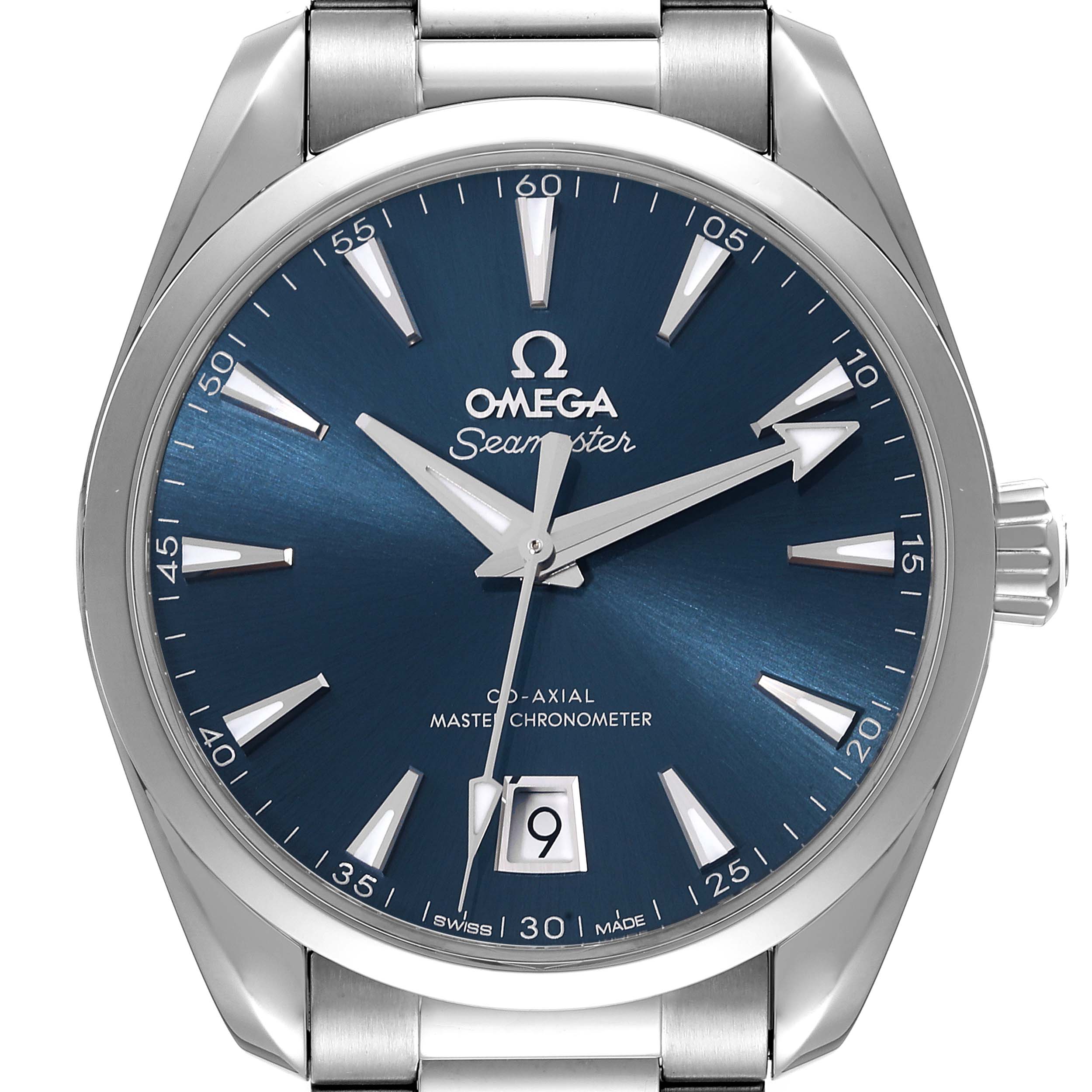 The image shows a front view of the Omega Seamaster Aqua Terra watch, highlighting its blue dial and stainless steel bracelet.