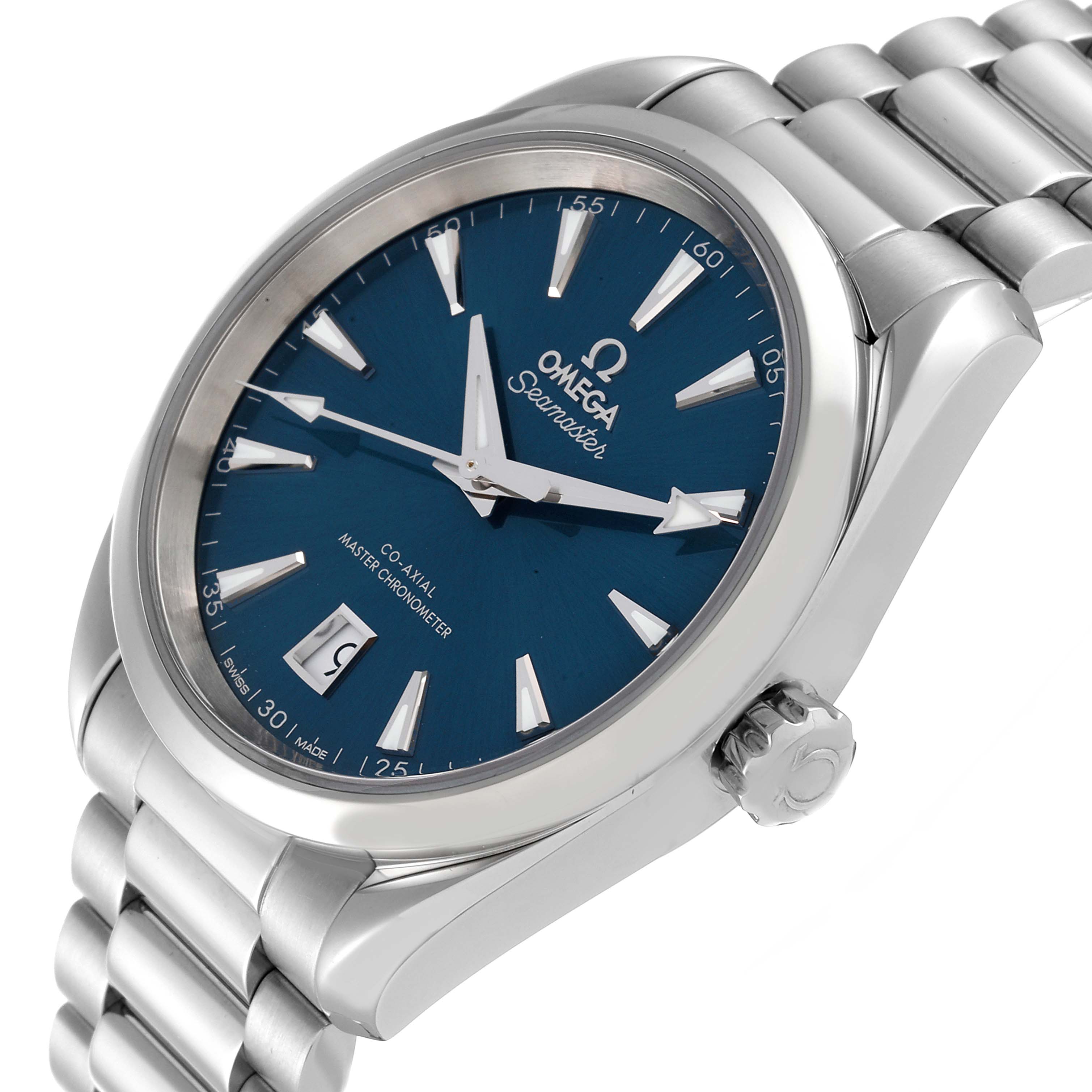 The Omega Aqua Terra 220.10.38.20.03.003 Men's Stainless Steel Blue Dial 220.10.38.20.03.003 Men's Stainless Steel Blue Dial watch is shown at an angle emphasizing its dial, crown, and part of its bracelet.