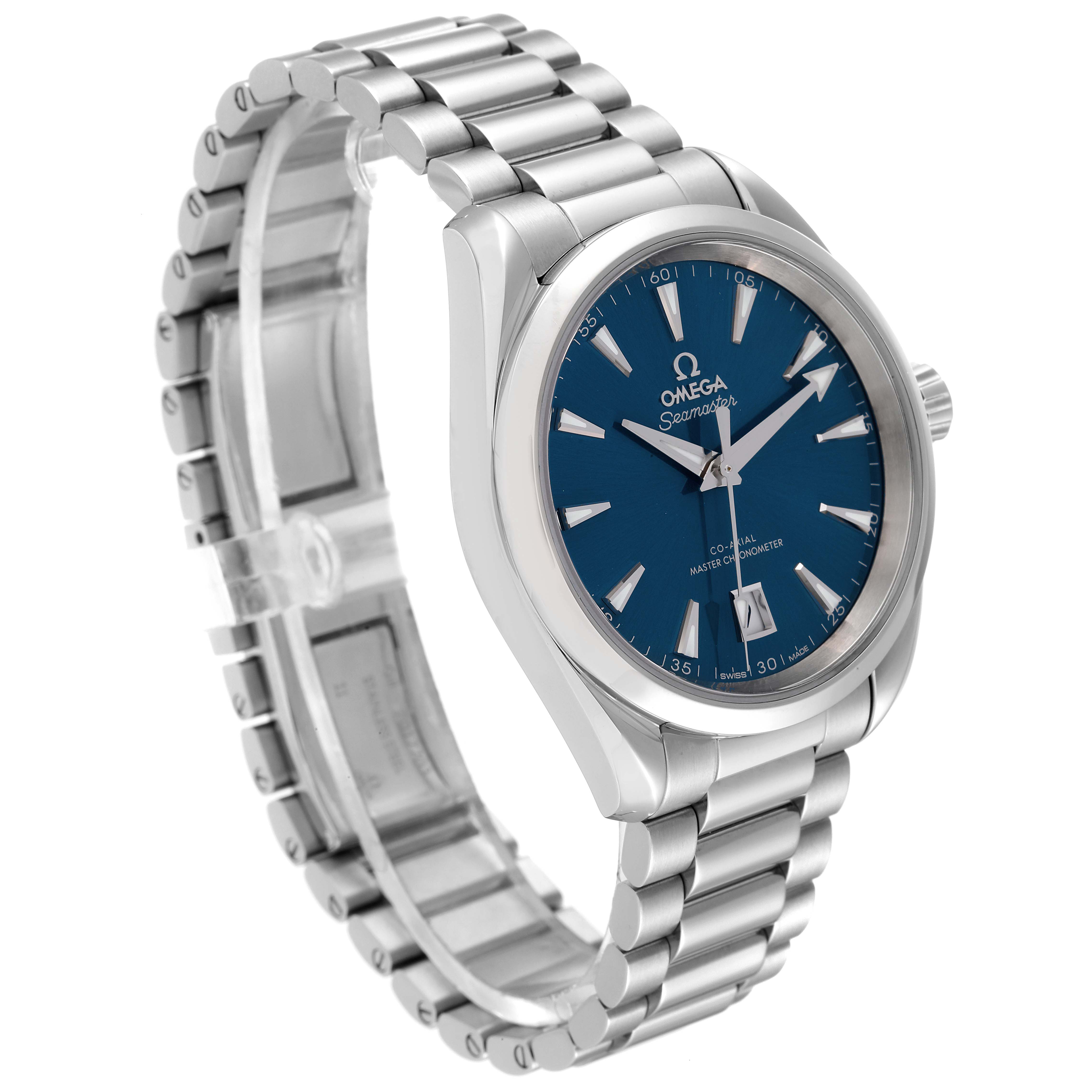 The image shows an Omega Aqua Terra 220.10.38.20.03.003 Men's Stainless Steel Blue Dial 220.10.38.20.03.003 Men's Stainless Steel Blue Dial watch at a three-quarter angle, displaying its blue dial, bracelet, and side profile.