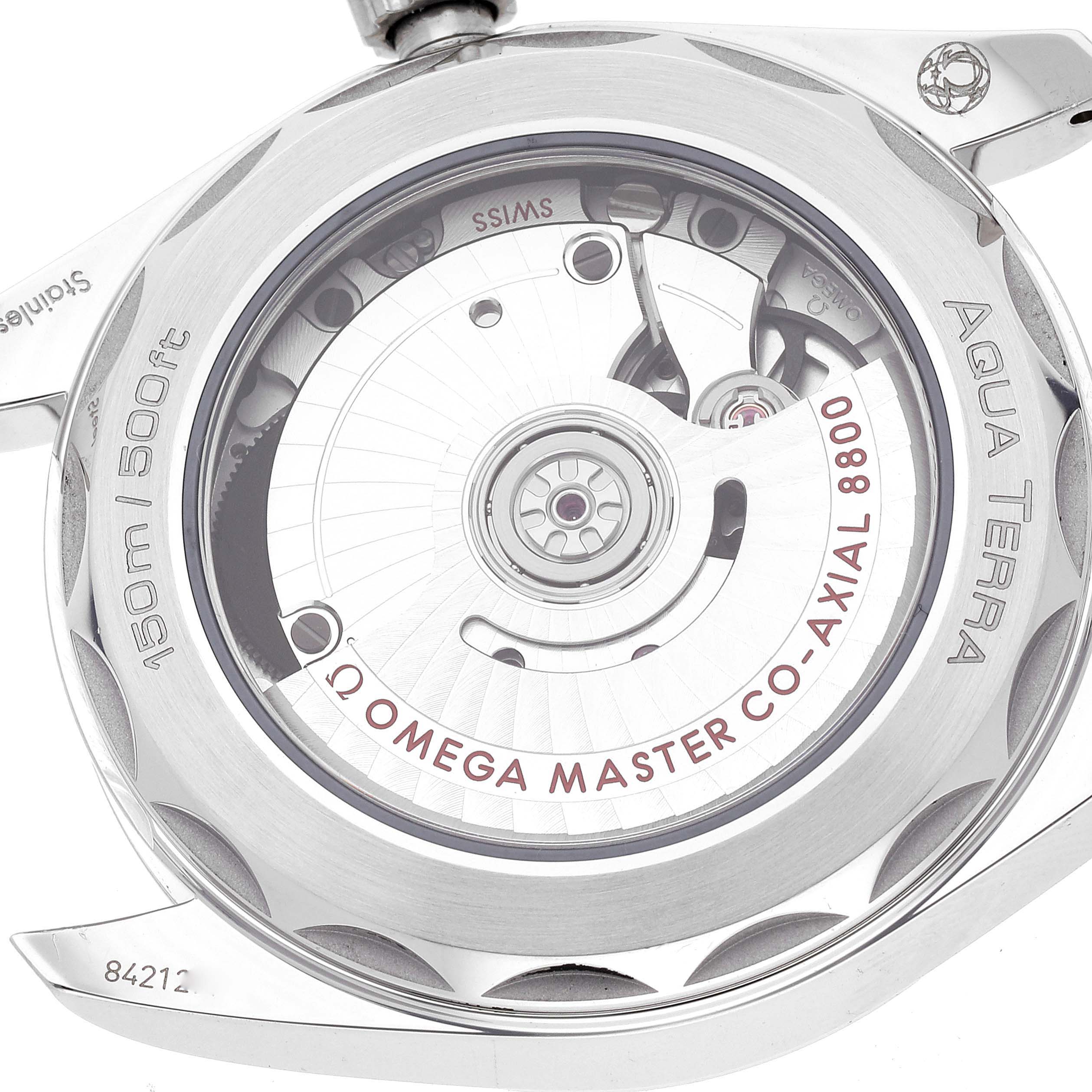 The image shows the Omega Aqua Terra 220.10.38.20.03.003 Men's Stainless Steel Blue Dial 220.10.38.20.03.003 Men's Stainless Steel Blue Dial's case back with its visible mechanical movement, including the Co-Axial 8800.