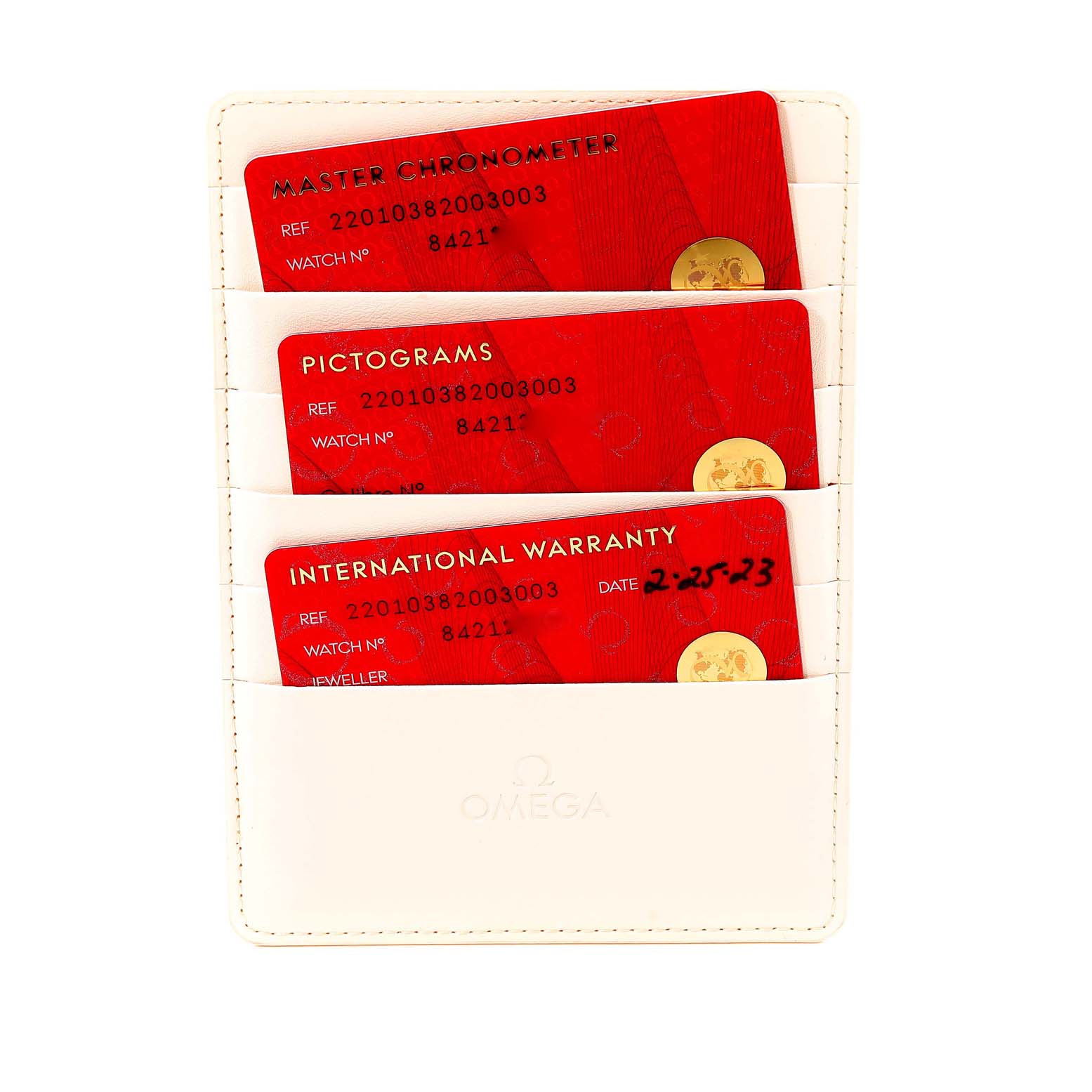 This image shows warranty and certification cards for the Omega Aqua Terra 220.10.38.20.03.003 Men's Stainless Steel Blue Dial 220.10.38.20.03.003 Men's Stainless Steel Blue Dial watch model, displayed in a white cardholder.