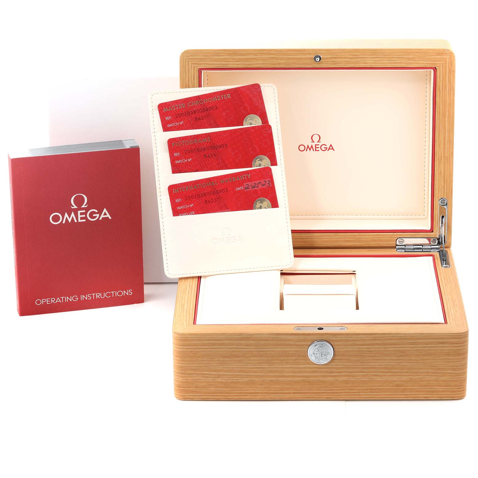 The image shows an Omega Aqua Terra 220.10.38.20.03.003 Men's Stainless Steel Blue Dial 220.10.38.20.03.003 Men's Stainless Steel Blue Dial watch's wooden box, warranty cards, and operating instructions from a frontal angle.