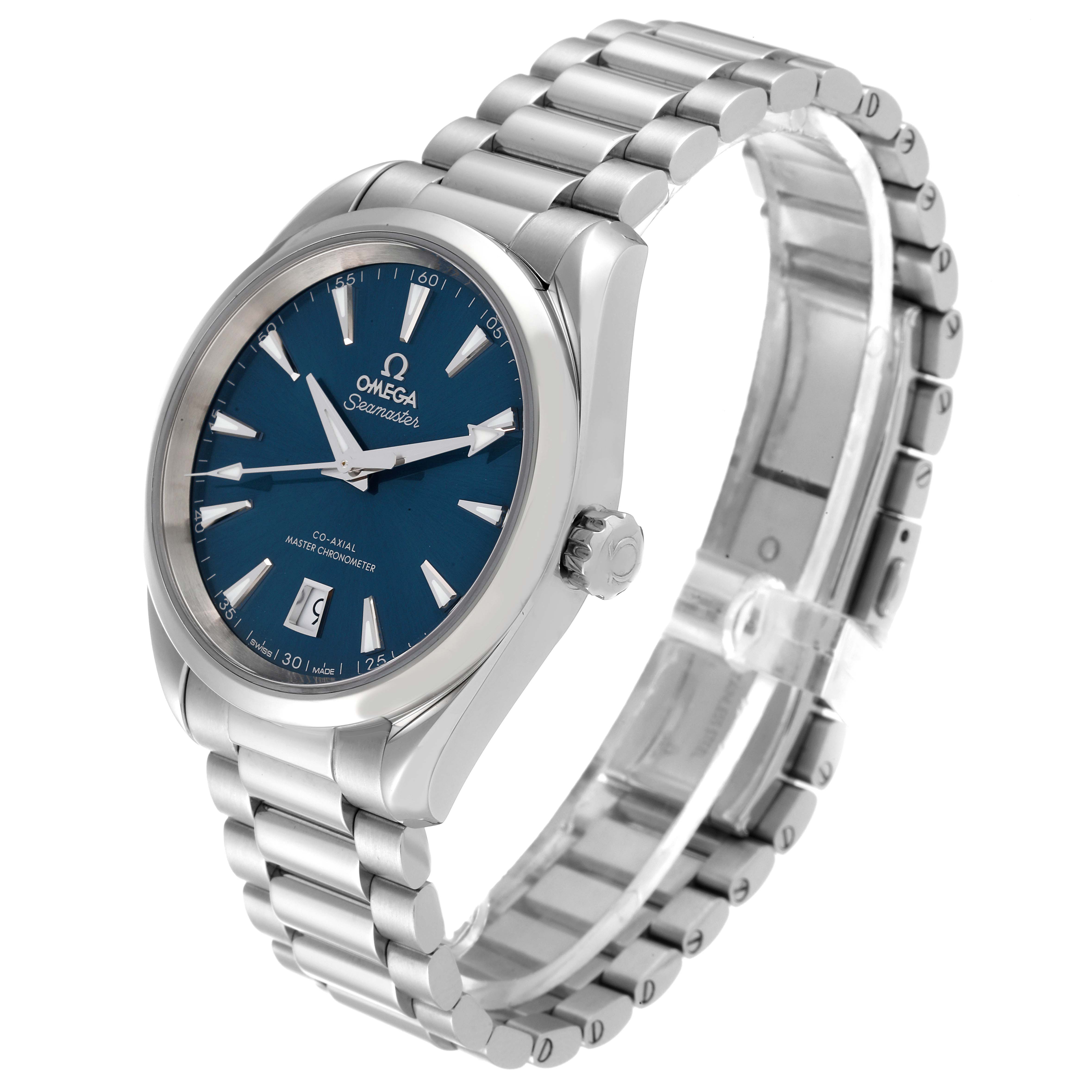 The image shows an angled view of the Omega Aqua Terra 220.10.38.20.03.003 Men's Stainless Steel Blue Dial 220.10.38.20.03.003 Men's Stainless Steel Blue Dial, featuring its blue dial, case, bracelet, and clasp.