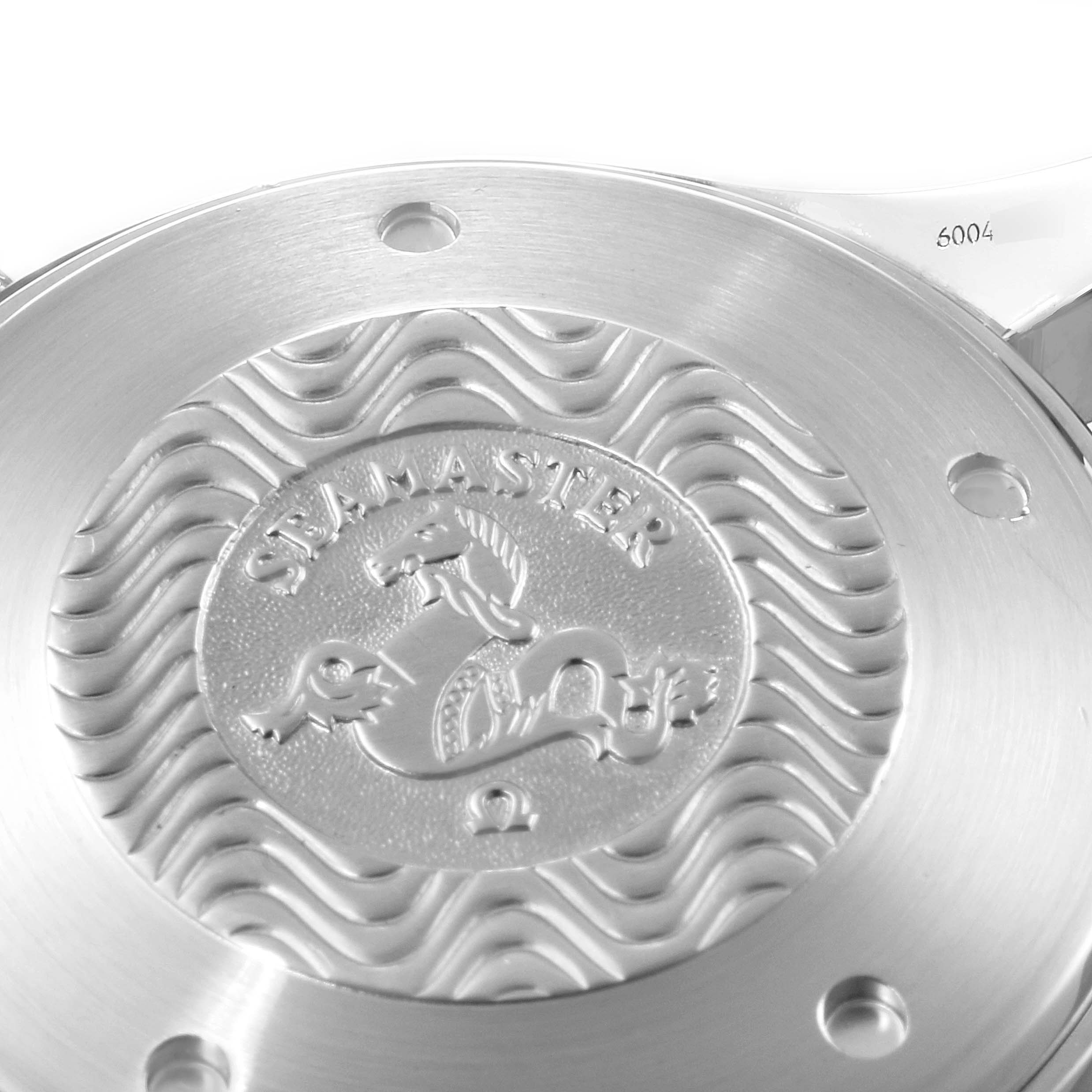 This image shows the back case of an Omega Seamaster 2598.20.00 Men
s Stainless Steel White Dial 2598.20.00 Men
s Stainless Steel White Dial watch, featuring its engraved logo and branding.