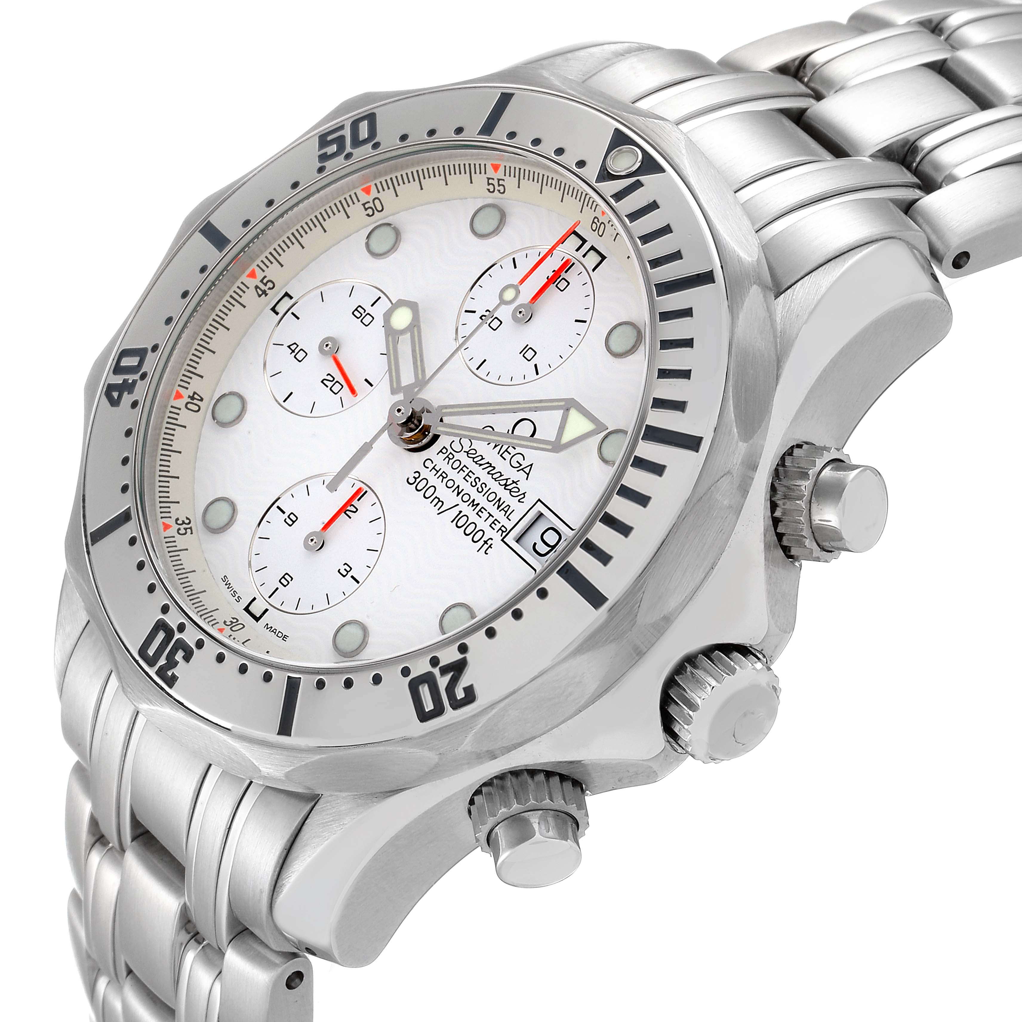 The image shows a close-up angle of the Omega Seamaster 2598.20.00 Men
s Stainless Steel White Dial 2598.20.00 Men
s Stainless Steel White Dial watch, highlighting the face, bezel, crown, and part of the bracelet.