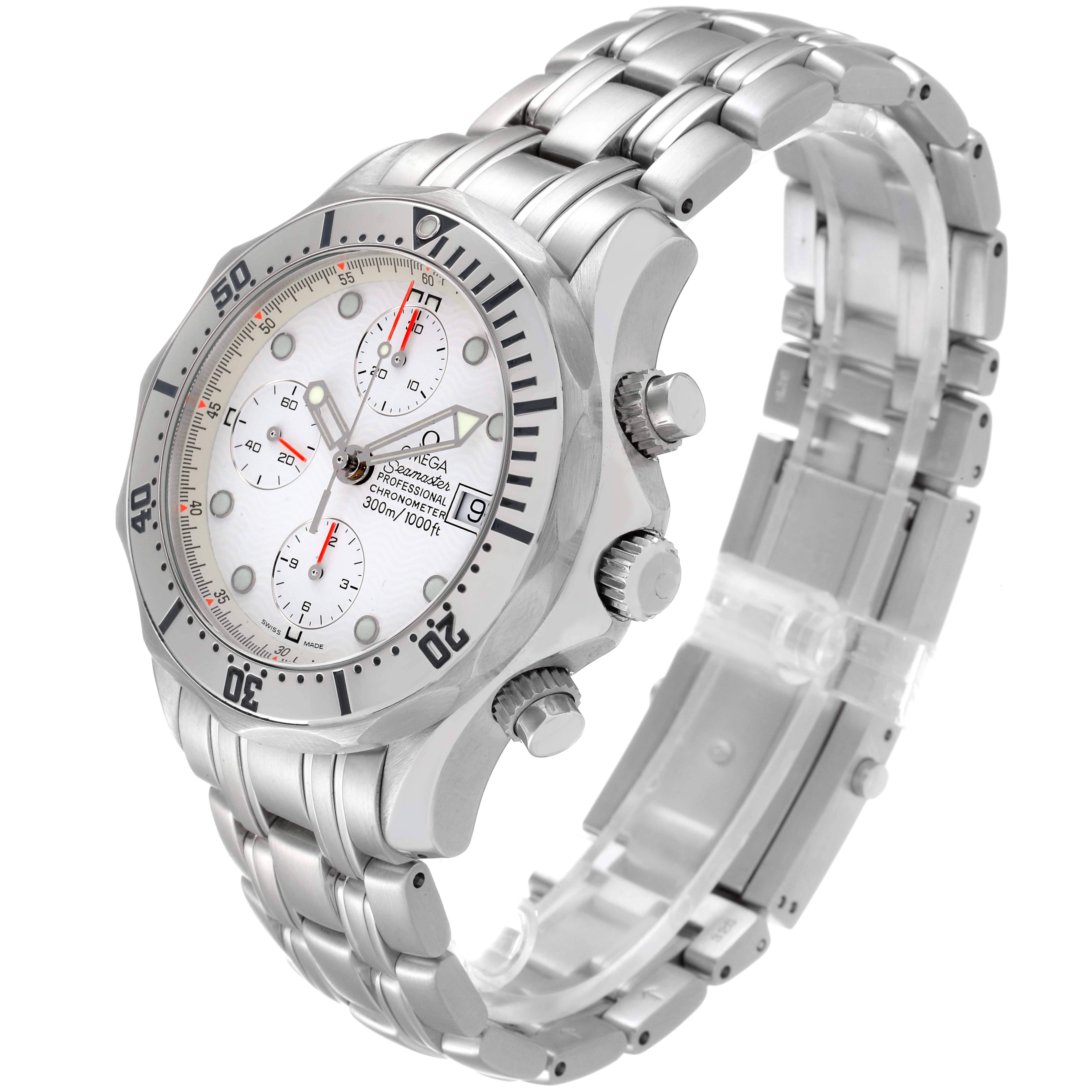 The Omega Seamaster 2598.20.00 Men
s Stainless Steel White Dial 2598.20.00 Men
s Stainless Steel White Dial watch is shown at a three-quarter angle, displaying the face, bezel, chronograph buttons, and metal bracelet.