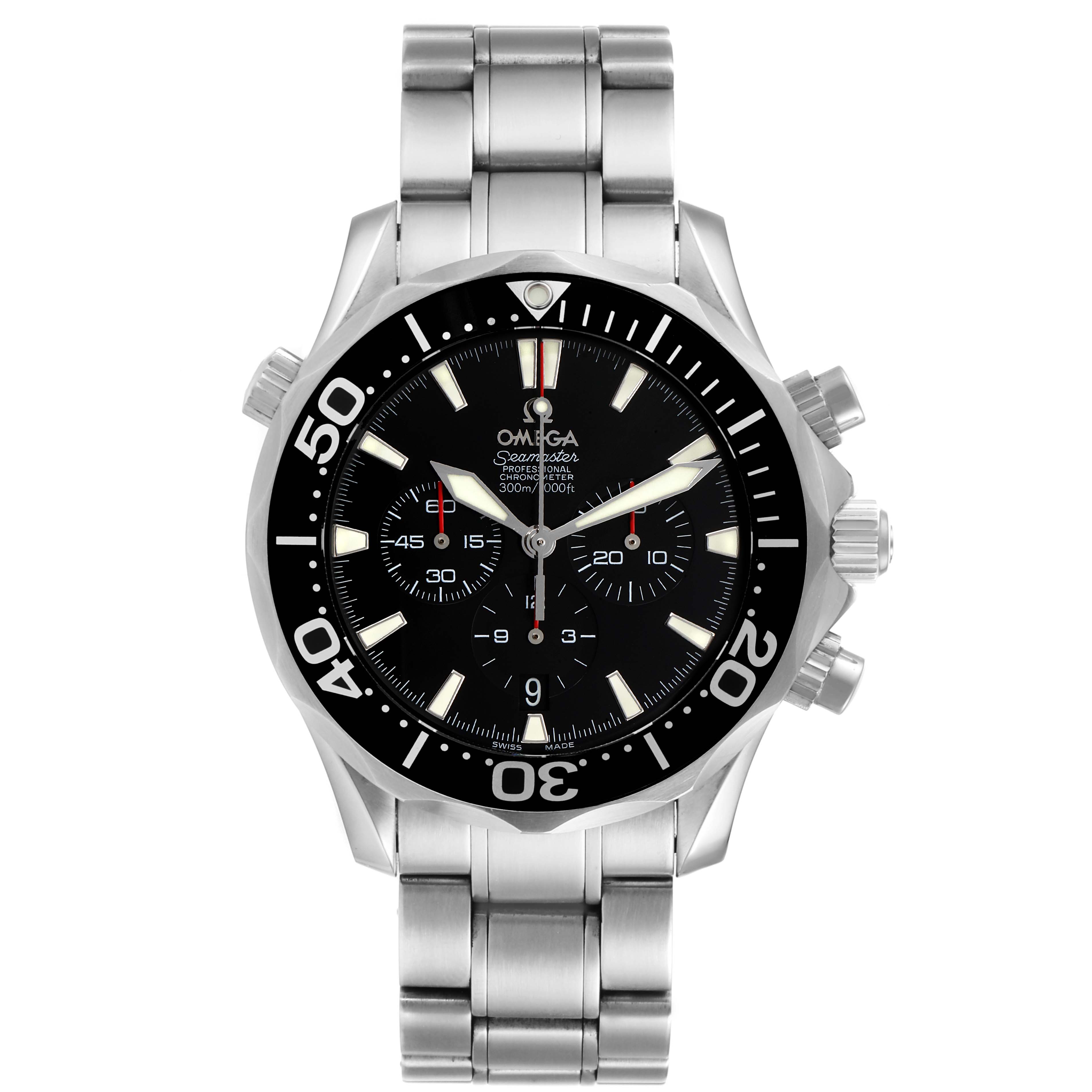 The image shows a front view of the Omega Seamaster 2594.52.00 Men
s Stainless Steel Black Dial 2594.52.00 Men
s Stainless Steel Black Dial watch, featuring its stainless steel case and bracelet, with a black dial and bezel.