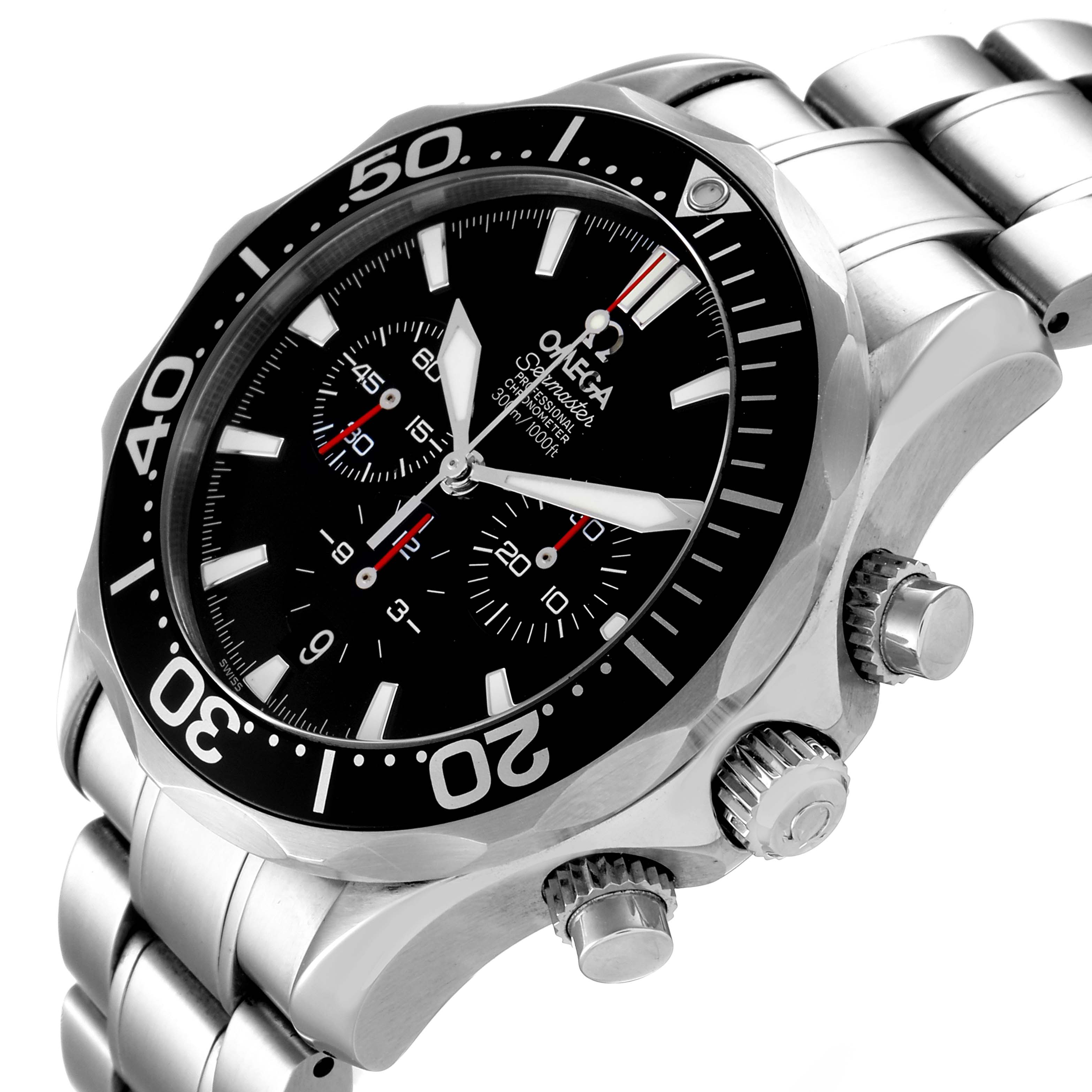 The Omega Seamaster 2594.52.00 Men
s Stainless Steel Black Dial 2594.52.00 Men
s Stainless Steel Black Dial model watch is shown at a slight angle, highlighting the bezel, dial, chronograph subdials, and stainless steel bracelet.