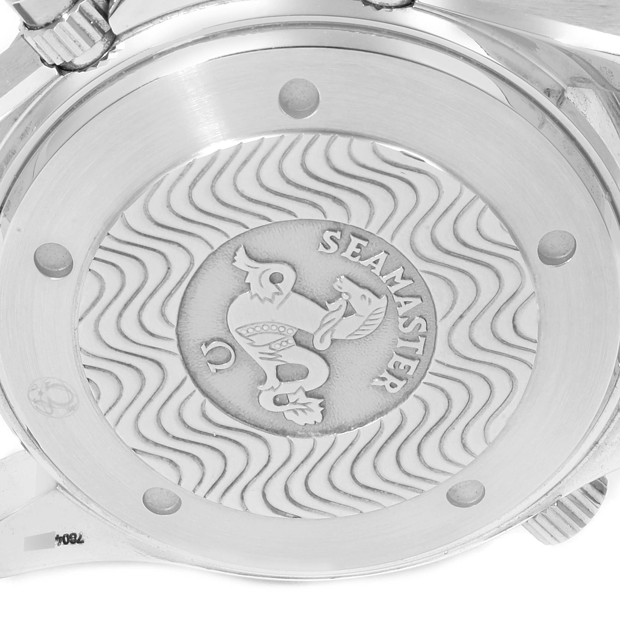 The image shows the case back of an Omega Seamaster 2594.52.00 Men
s Stainless Steel Black Dial 2594.52.00 Men
s Stainless Steel Black Dial watch, featuring the Seamaster emblem and wave pattern design.