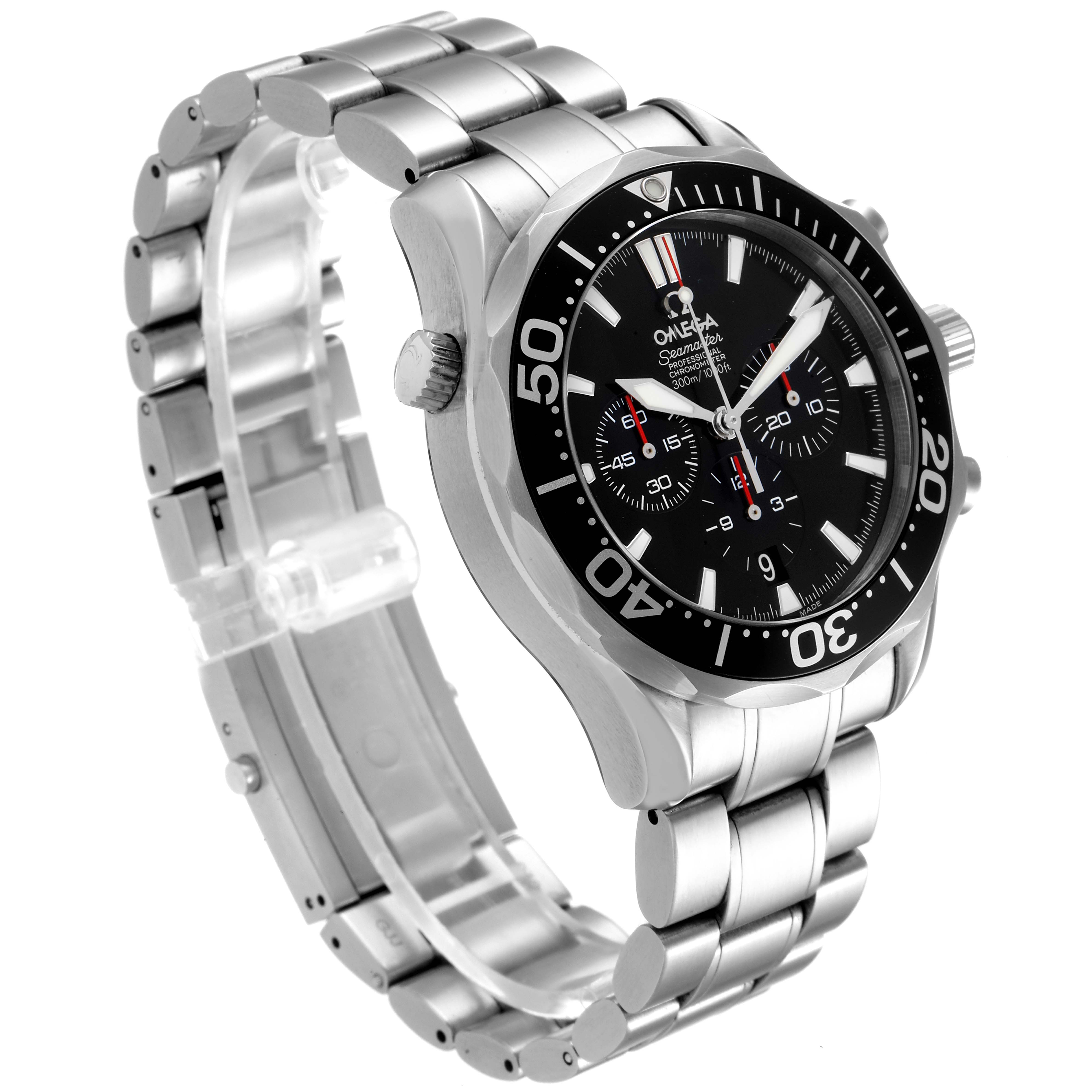 The Omega Seamaster 2594.52.00 Men
s Stainless Steel Black Dial 2594.52.00 Men
s Stainless Steel Black Dial watch is shown from a three-quarter angle, highlighting its face, bezel, and metal bracelet.