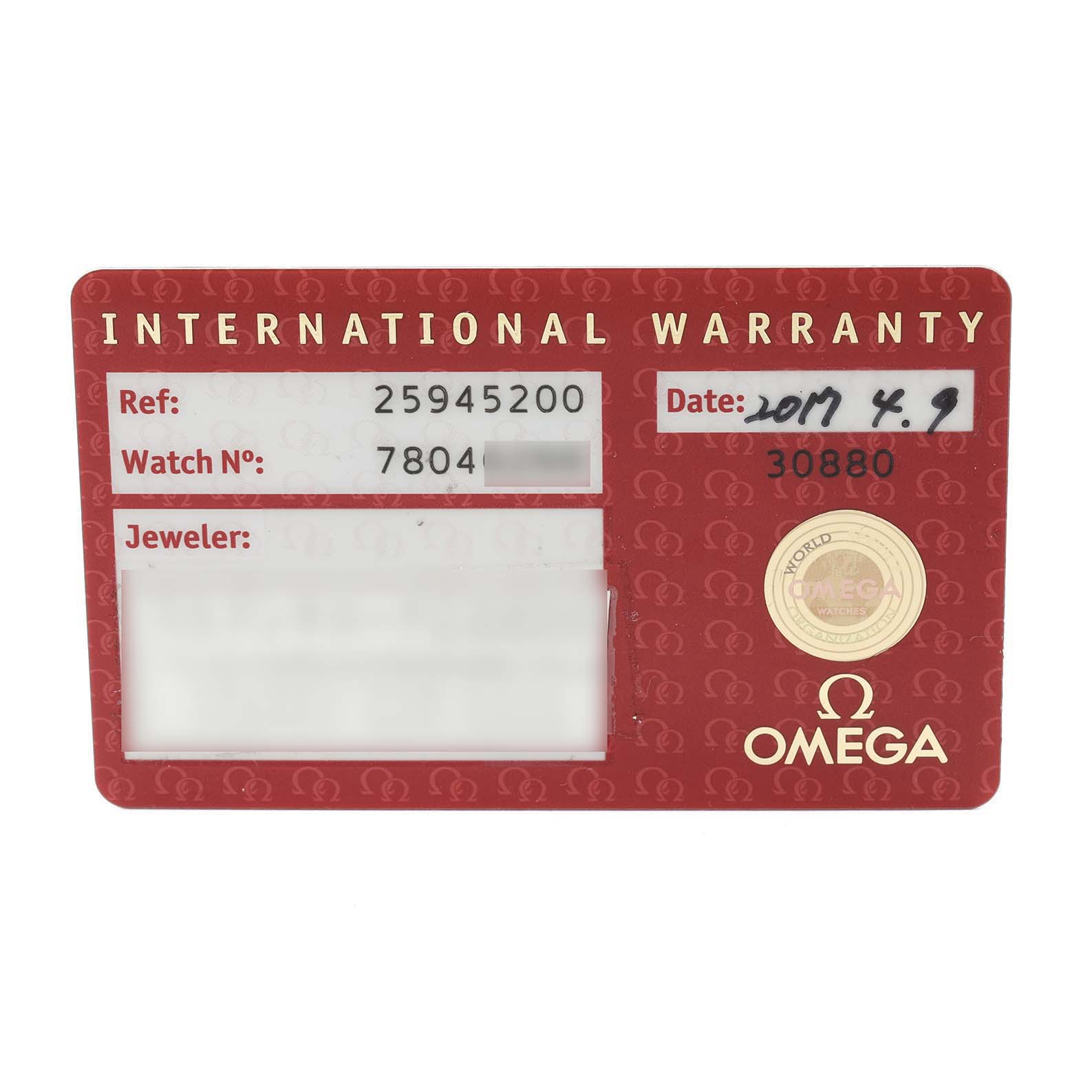 The image shows the international warranty card for the Omega Seamaster 2594.52.00 Men
s Stainless Steel Black Dial 2594.52.00 Men
s Stainless Steel Black Dial watch, displaying reference number, watch number, date, and jeweler fields.
