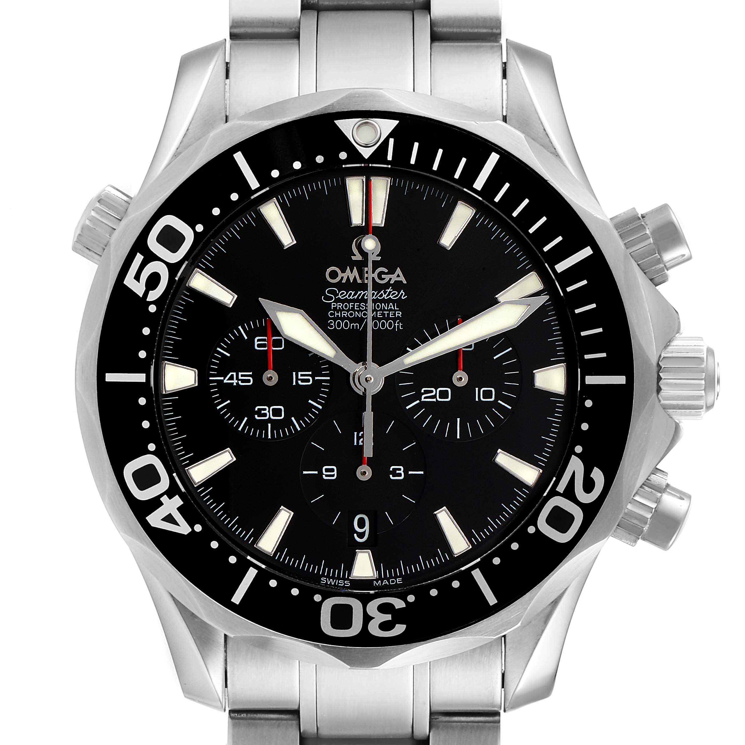 The image shows the front view of the Omega Seamaster 2594.52.00 Men
s Stainless Steel Black Dial 2594.52.00 Men
s Stainless Steel Black Dial watch, highlighting the dial, bezel, and chronograph functions.