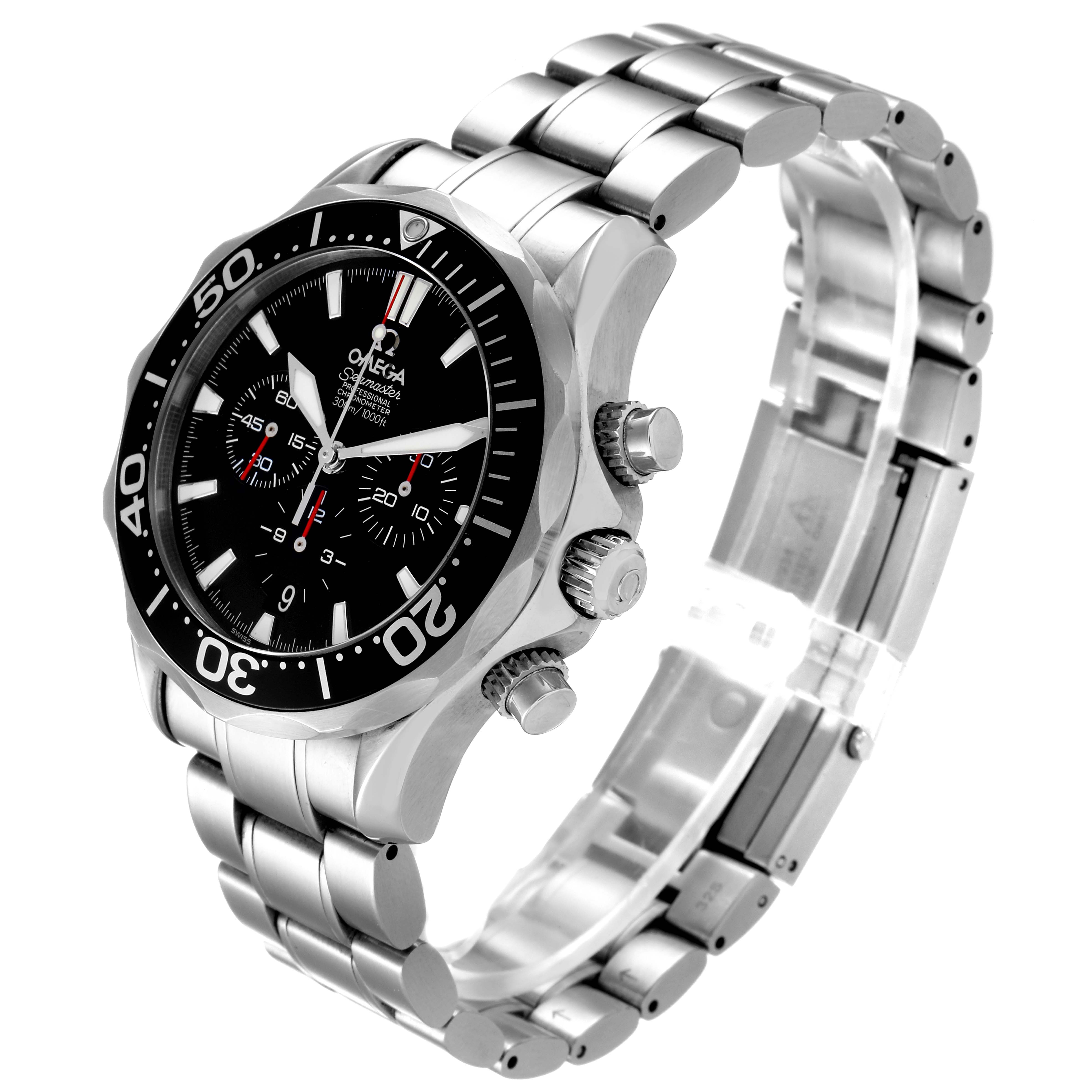 The image shows an Omega Seamaster 2594.52.00 Men
s Stainless Steel Black Dial 2594.52.00 Men
s Stainless Steel Black Dial watch at a three-quarter angle, highlighting the dial, bezel, and metal bracelet.