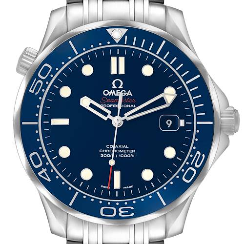 The Omega Seamaster 212.30.41.20.03.001 Men's Stainless Steel Blue Dial is shown from a front angle, highlighting its dial, bezel, and stainless steel bracelet.