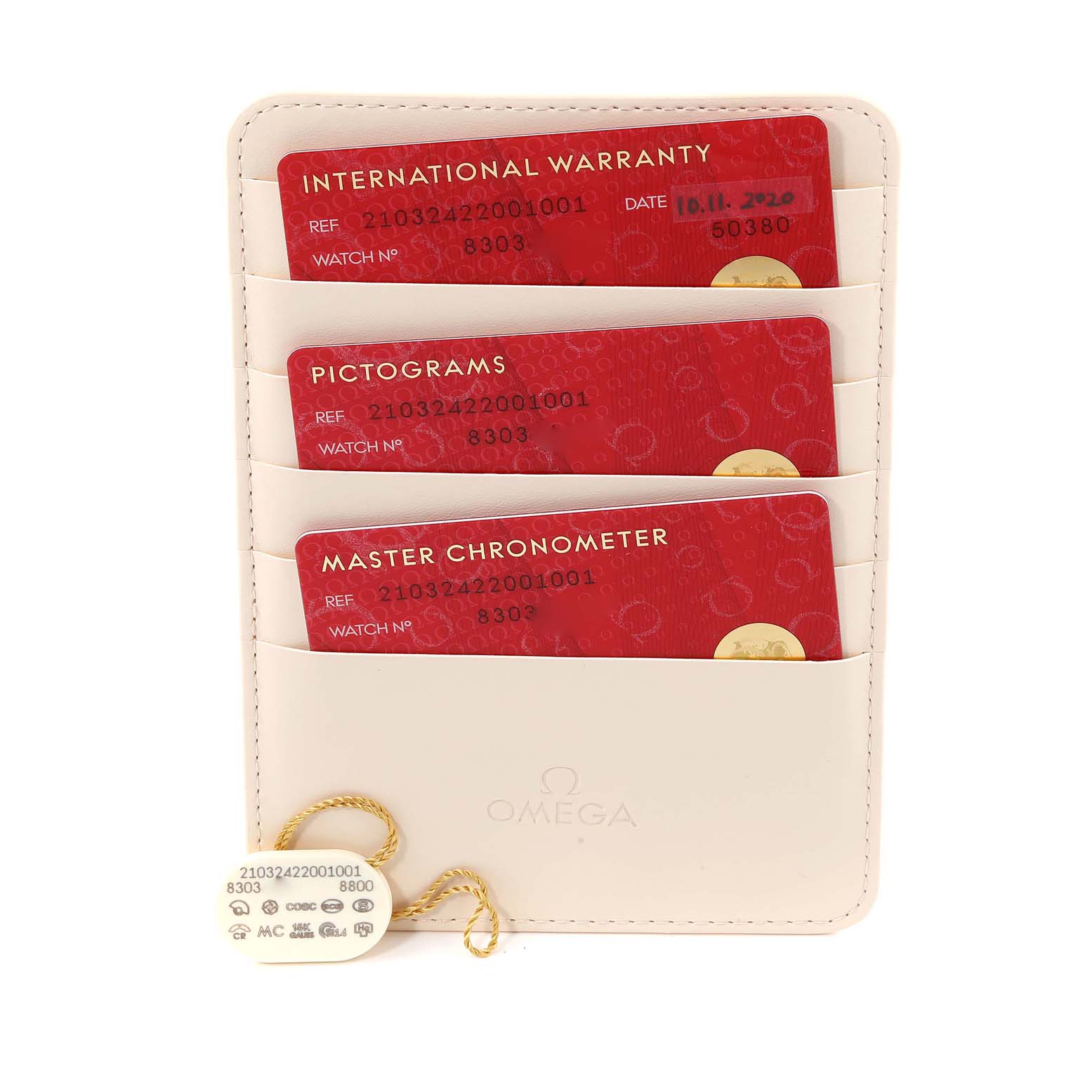 The image shows warranty cards and an identification tag for the Omega Seamaster 210.32.42.20.01.001 Men's Stainless Steel Black Dial 210.32.42.20.01.001 Men's Stainless Steel Black Dial model in a holder.