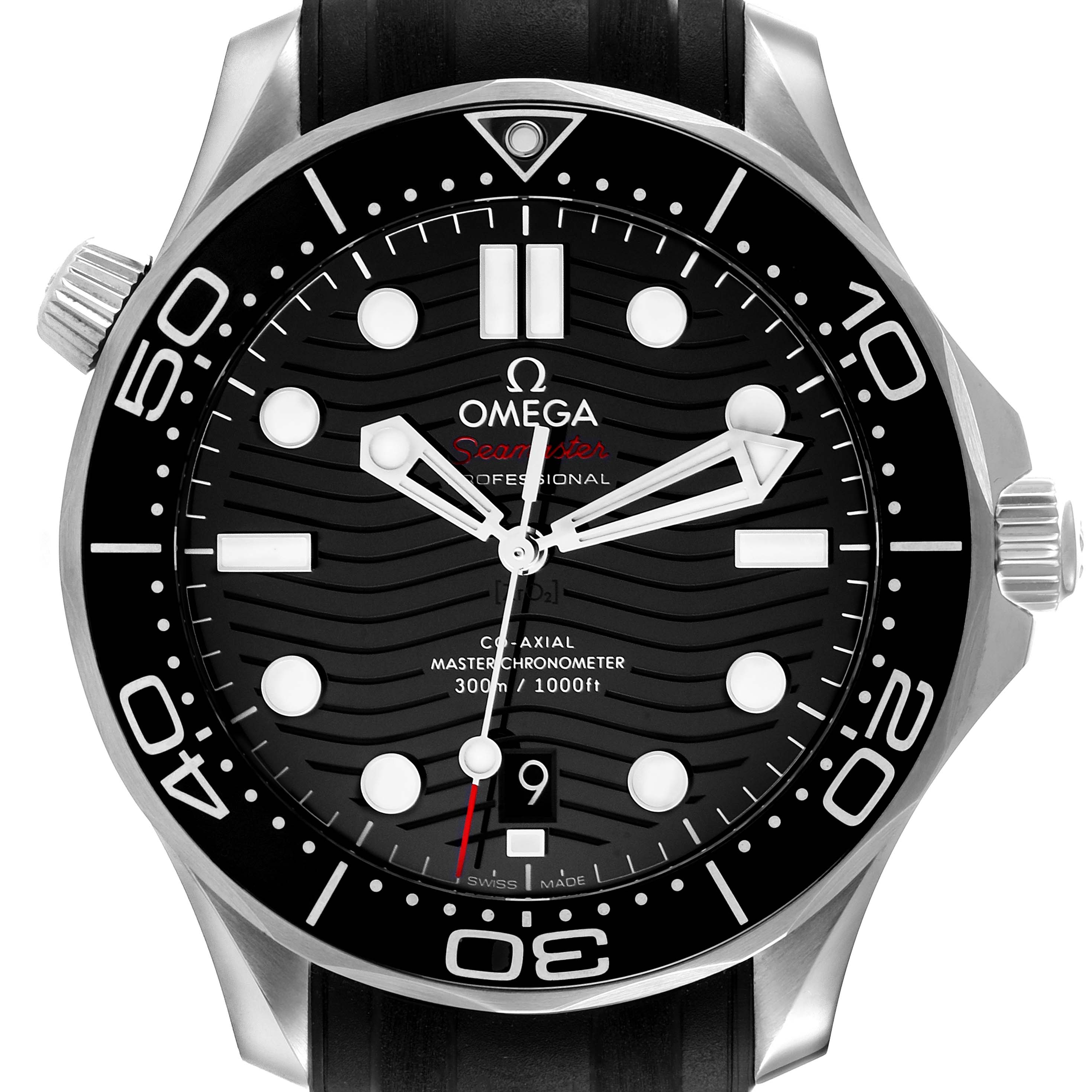 This image shows a front view of the Omega Seamaster 210.32.42.20.01.001 Men's Stainless Steel Black Dial 210.32.42.20.01.001 Men's Stainless Steel Black Dial watch face, including the dial, bezel, and hands.