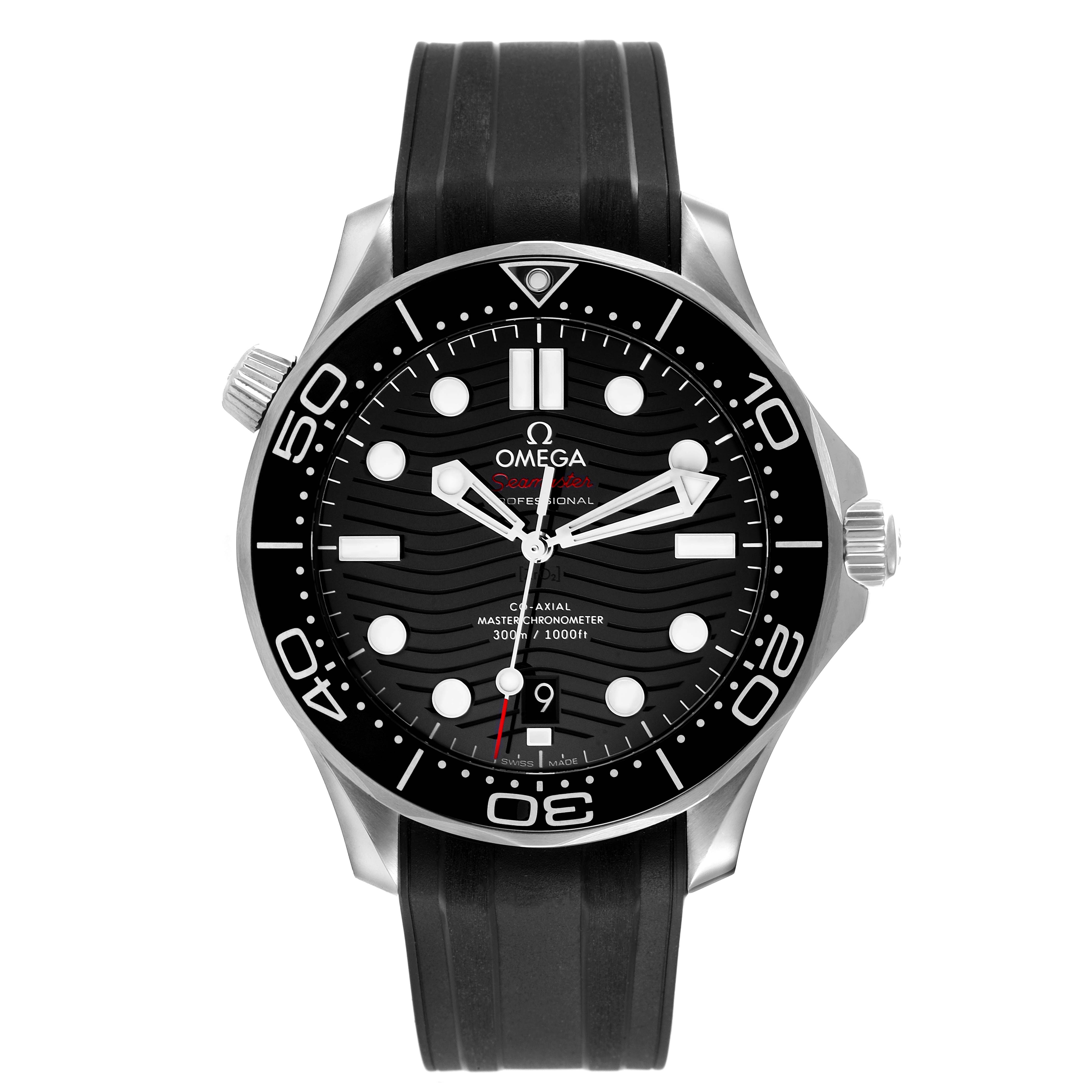 This image shows a front view of the Omega Seamaster 210.32.42.20.01.001 Men's Stainless Steel Black Dial 210.32.42.20.01.001 Men's Stainless Steel Black Dial watch, featuring its dial, bezel, hands, and rubber strap.