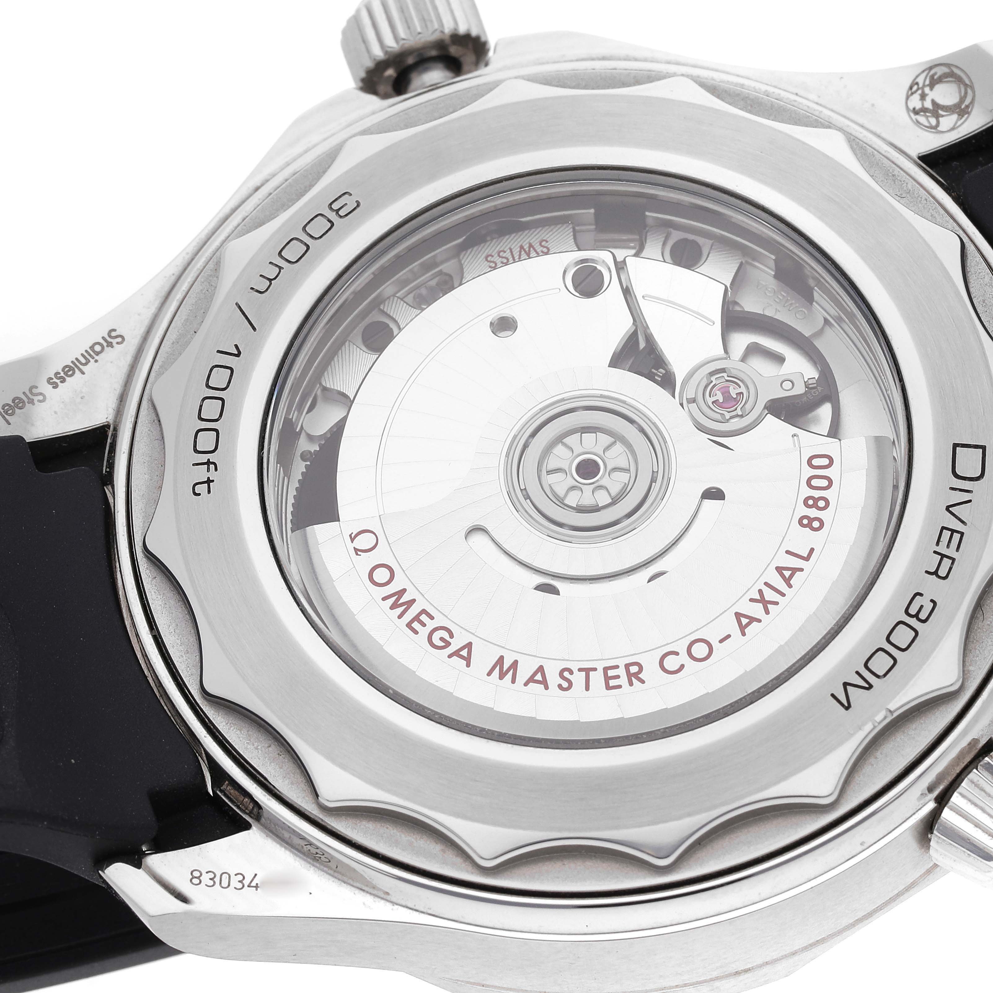 The image shows the back view of the Omega Seamaster 210.32.42.20.01.001 Men's Stainless Steel Black Dial 210.32.42.20.01.001 Men's Stainless Steel Black Dial watch, highlighting its transparent case back and inner mechanism.