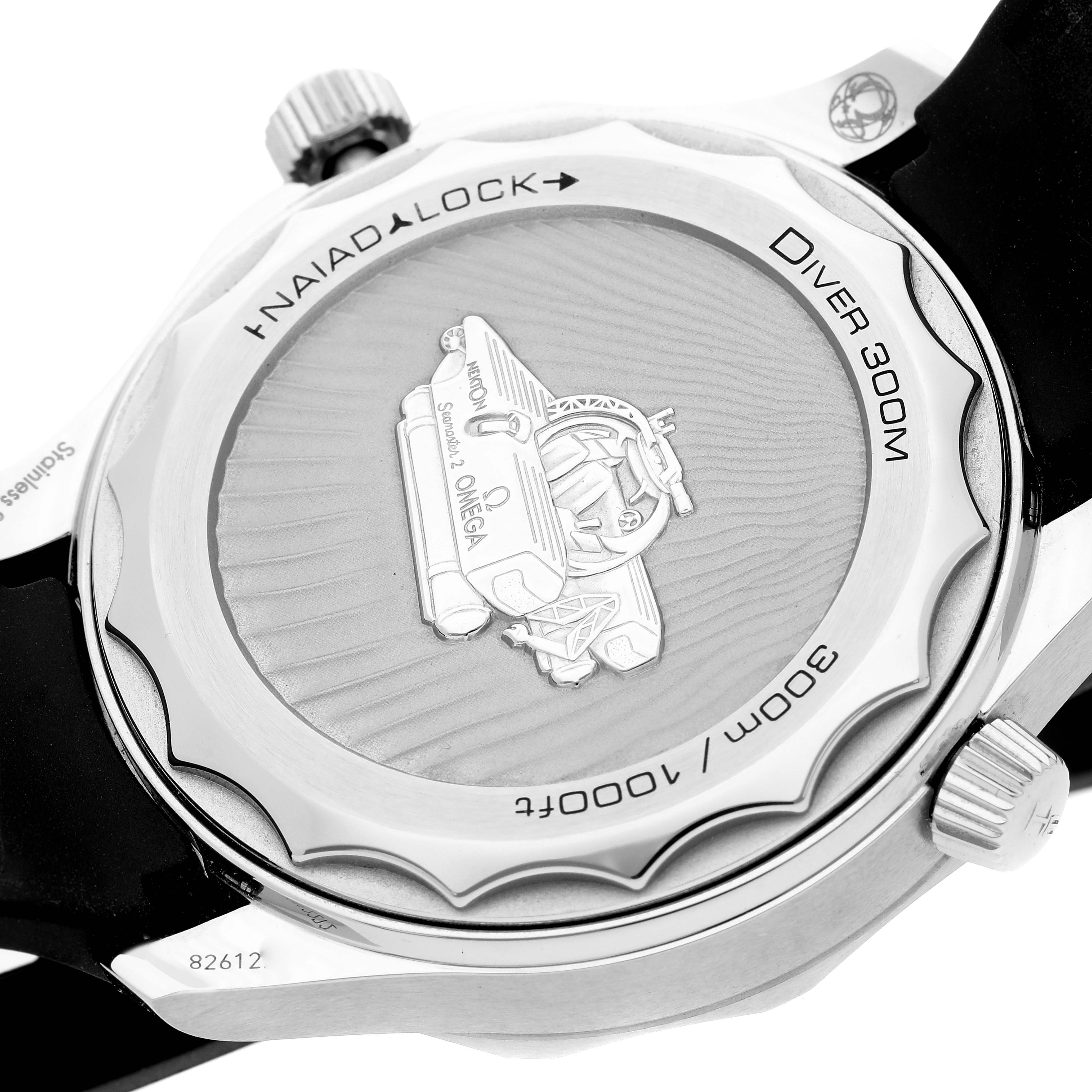 The image shows the back case of an Omega Seamaster 210.32.42.20.01.002 Men's Stainless Steel Black Dial 210.32.42.20.01.002 Men's Stainless Steel Black Dial Diver 300M watch, highlighting the Naiad Lock system.