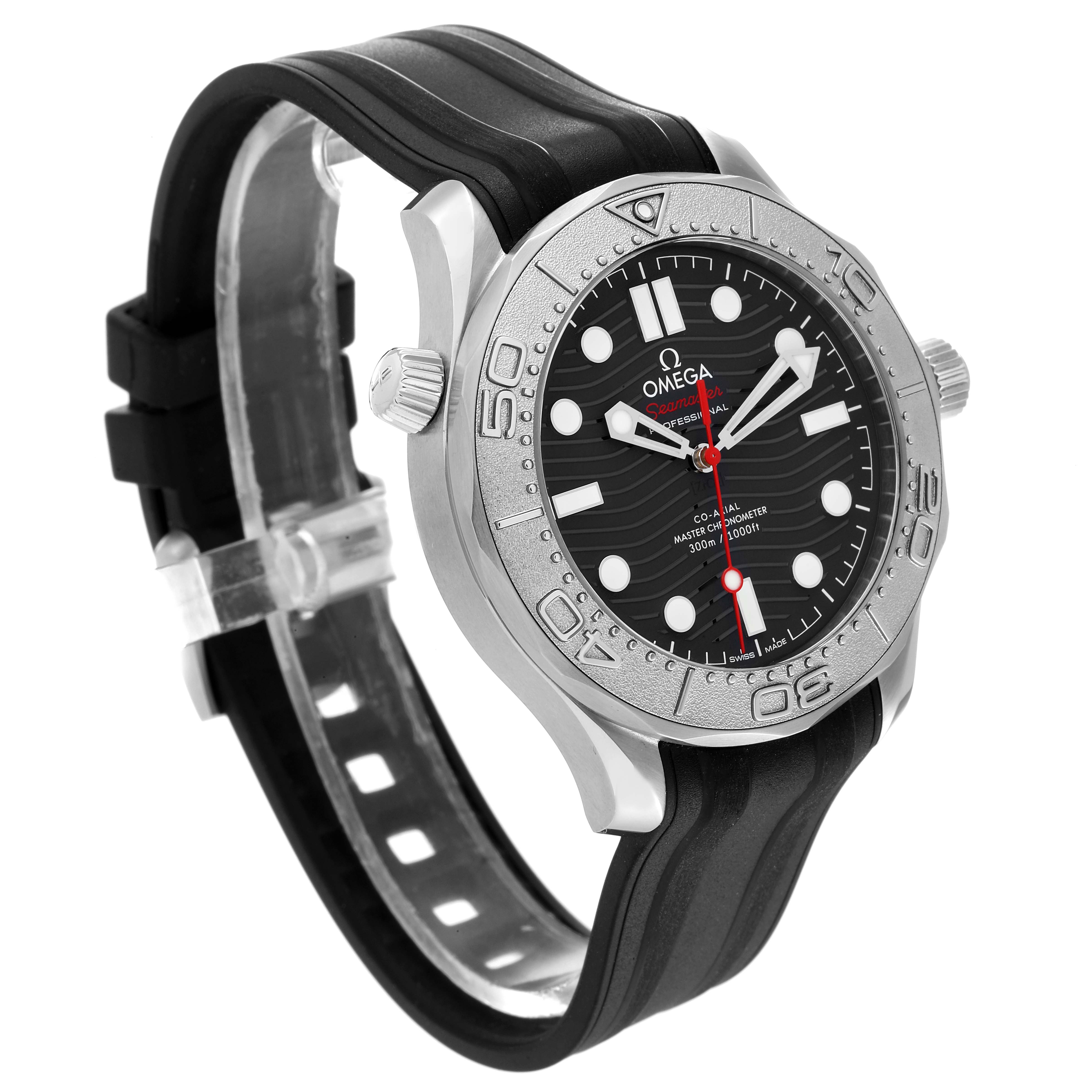 The image shows an Omega Seamaster 210.32.42.20.01.002 Men's Stainless Steel Black Dial 210.32.42.20.01.002 Men's Stainless Steel Black Dial watch at a three-quarter angle, highlighting its black dial, bezel, and rubber strap.