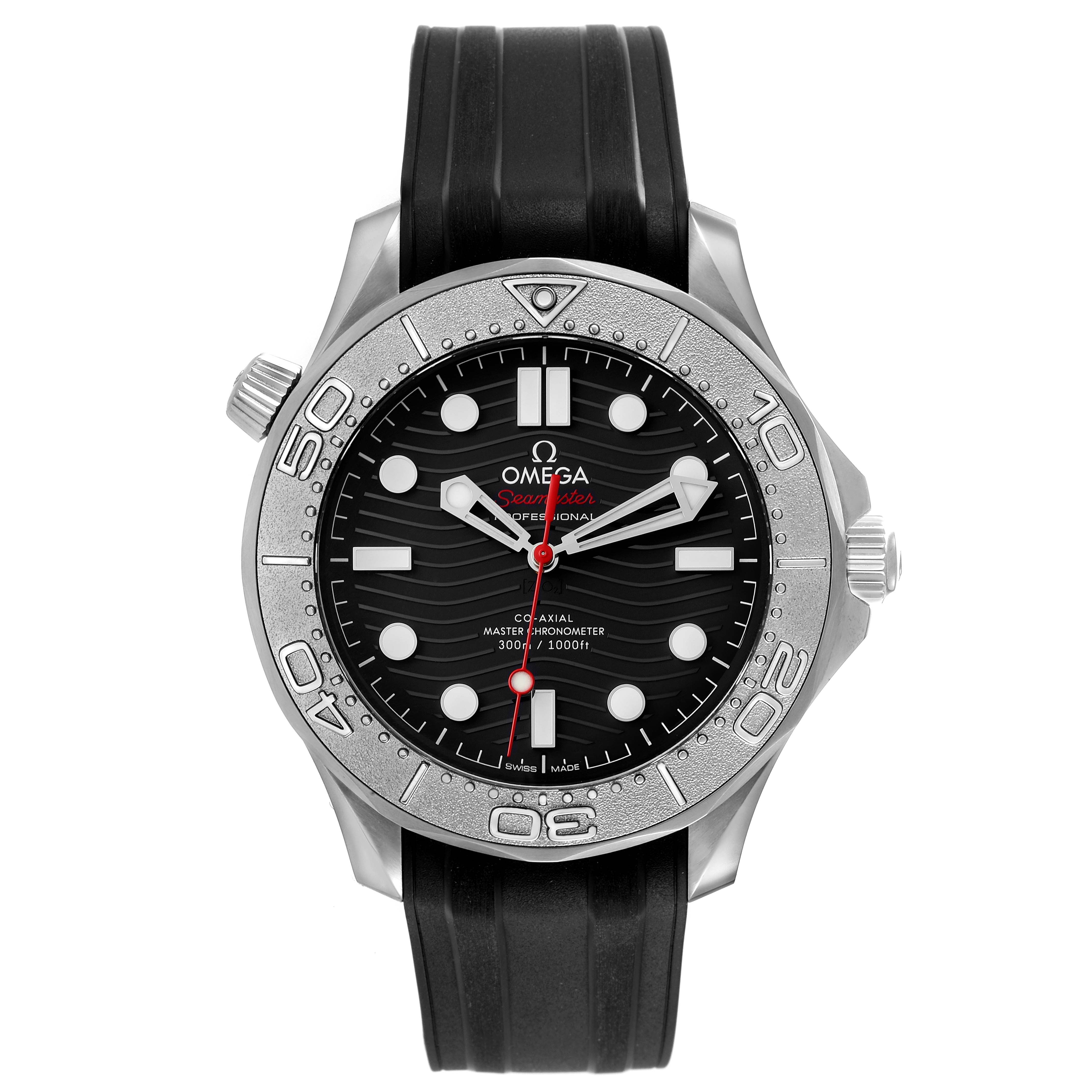 The image shows a front view of the Omega Seamaster 210.32.42.20.01.002 Men's Stainless Steel Black Dial 210.32.42.20.01.002 Men's Stainless Steel Black Dial watch, including the dial, bezel, and rubber strap.