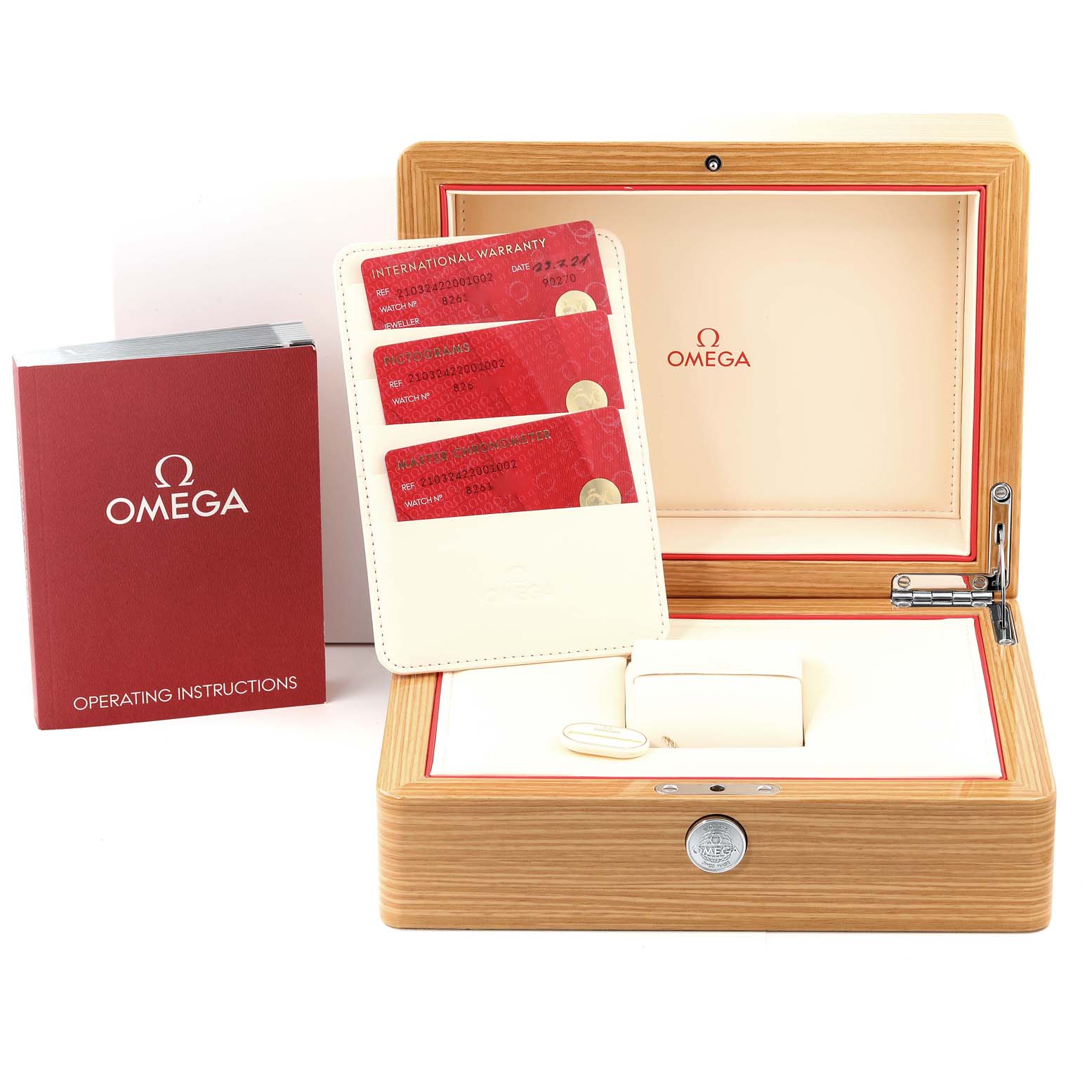 The image shows an Omega Seamaster 210.32.42.20.01.002 Men's Stainless Steel Black Dial 210.32.42.20.01.002 Men's Stainless Steel Black Dial watch box with operating instructions, warranty cards, and a wooden display case.