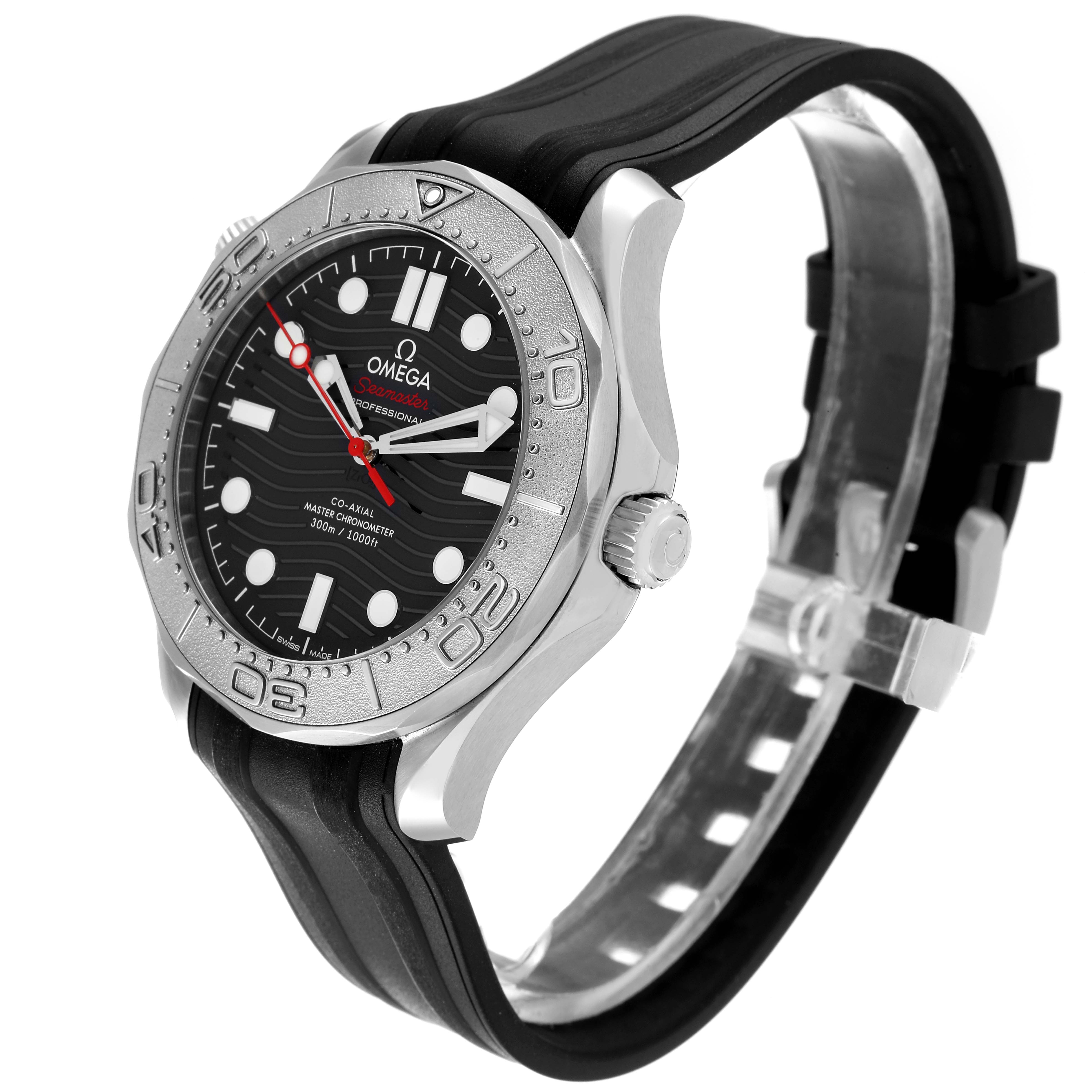 The Omega Seamaster 210.32.42.20.01.002 Men's Stainless Steel Black Dial 210.32.42.20.01.002 Men's Stainless Steel Black Dial watch is shown at a three-quarter angle, displaying the face, bezel, crown, and strap.