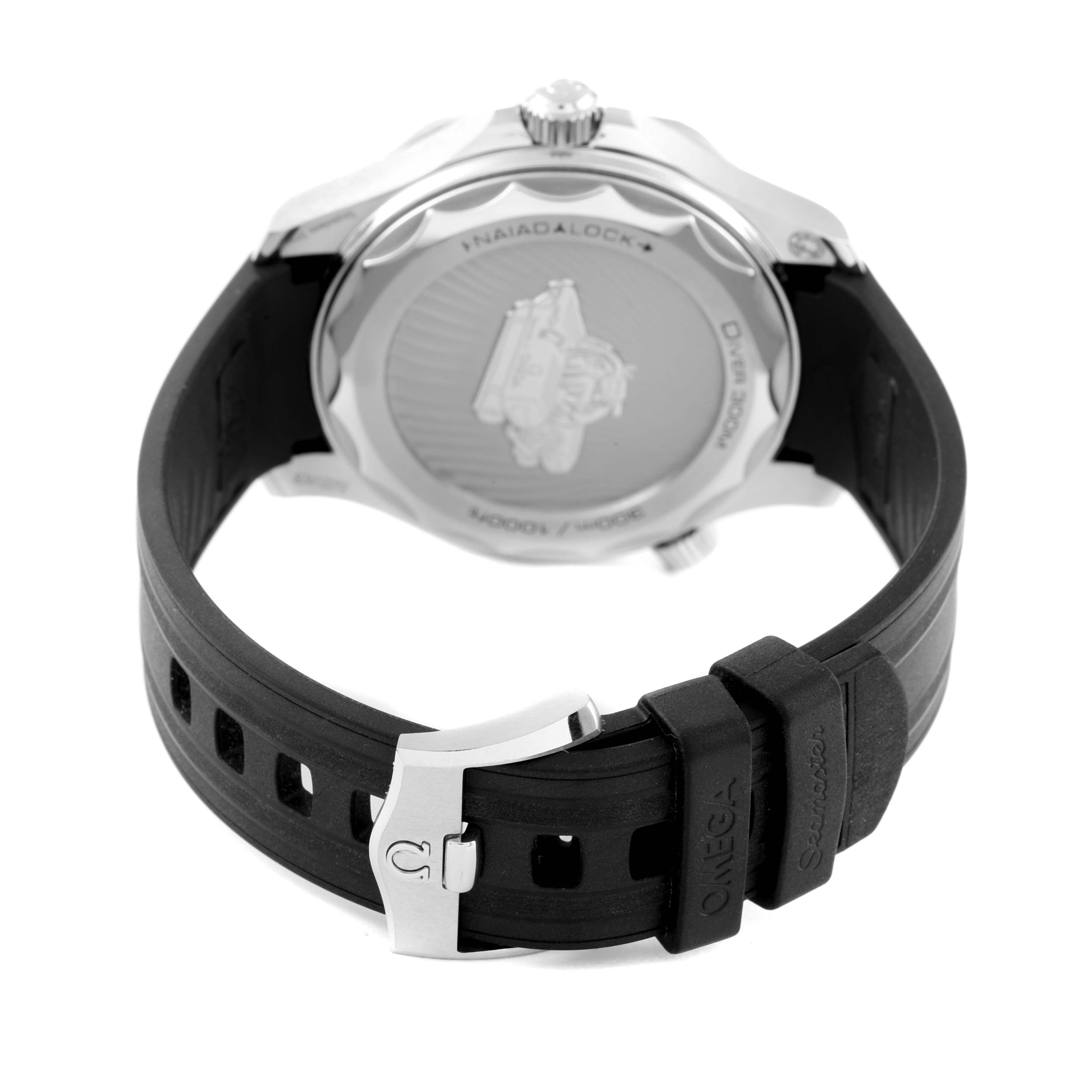 This image shows the back view of the Omega Seamaster 210.32.42.20.01.002 Men's Stainless Steel Black Dial 210.32.42.20.01.002 Men's Stainless Steel Black Dial watch, highlighting its case back and rubber strap with buckle.