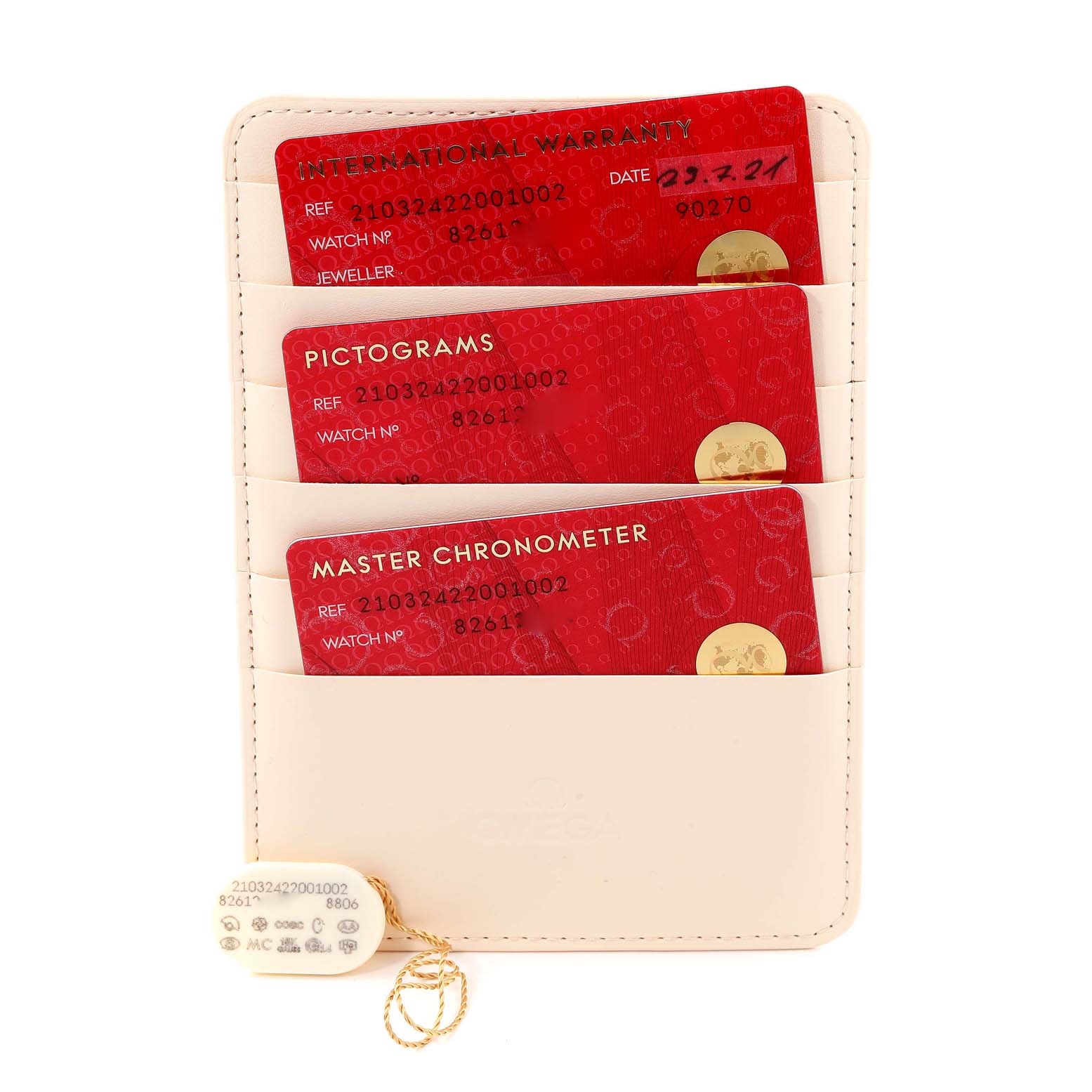 The image shows warranty and certification cards along with a tag for an Omega Seamaster 210.32.42.20.01.002 Men's Stainless Steel Black Dial 210.32.42.20.01.002 Men's Stainless Steel Black Dial watch, displayed in a leather holder.