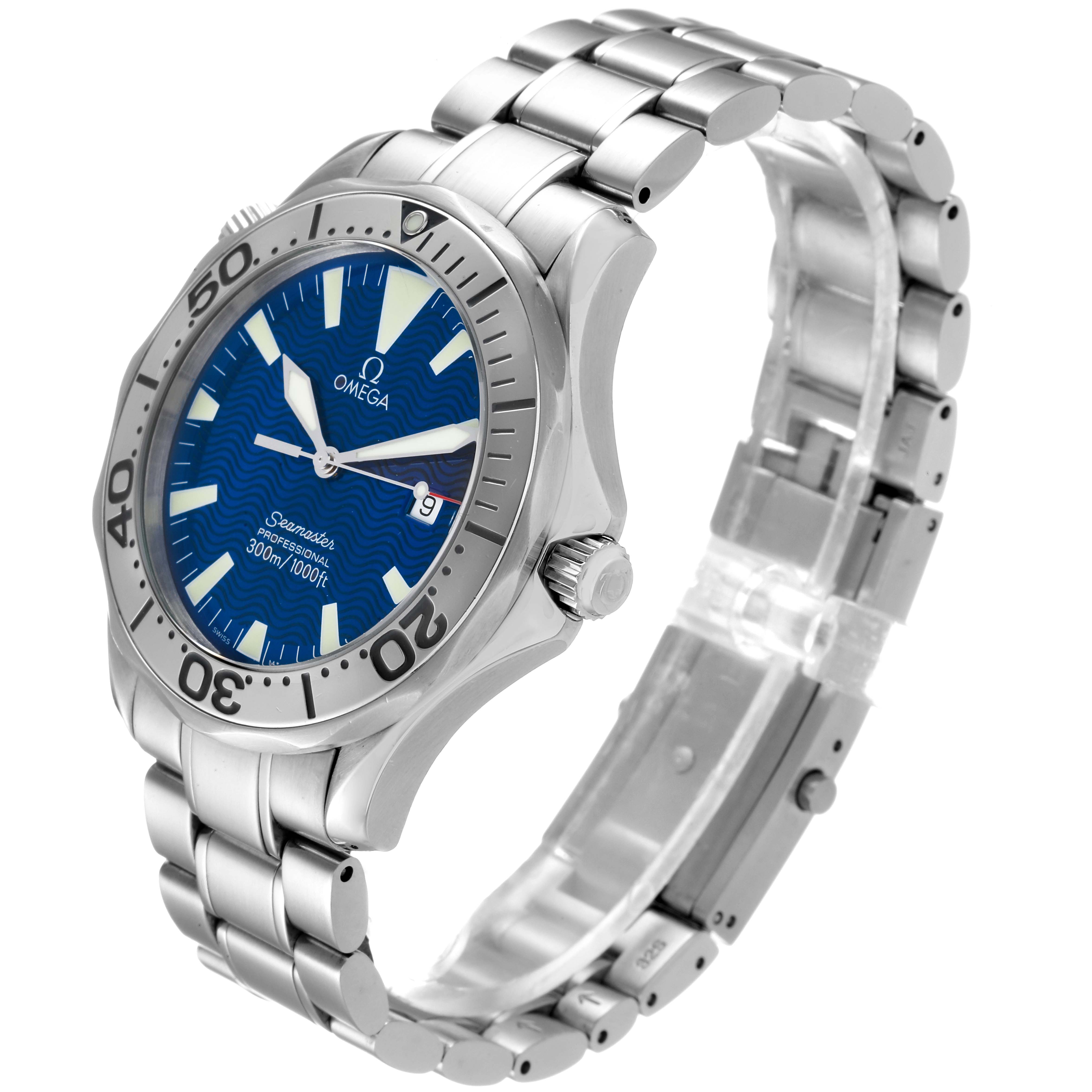 The Omega Seamaster 2265.80.00 Men
s Stainless Steel Blue Dial 2265.80.00 Men
s Stainless Steel Blue Dial watch is shown at a slight angle, displaying its blue dial, stainless steel bracelet, bezel, and crown.