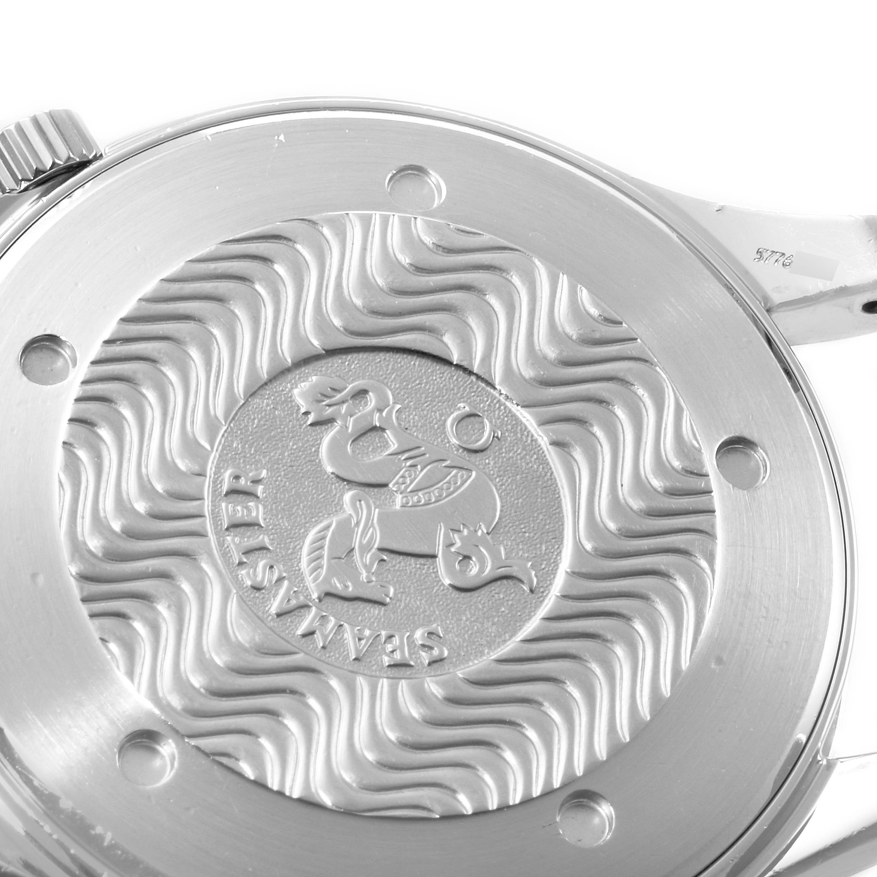 The image shows a close-up of the case back of an Omega Seamaster 2265.80.00 Men
s Stainless Steel Blue Dial 2265.80.00 Men
s Stainless Steel Blue Dial watch, featuring the embossed Seahorse emblem and wave pattern.