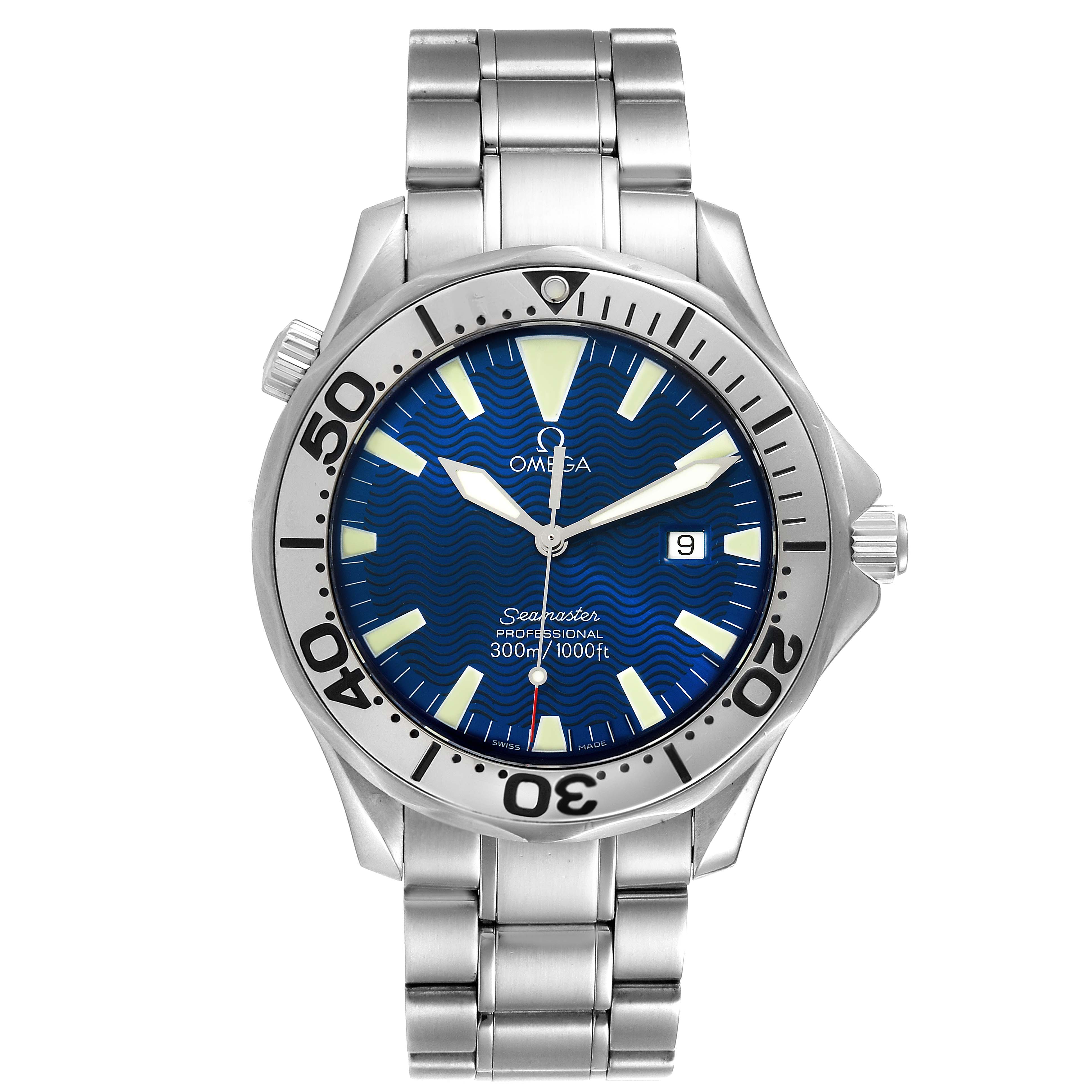 The image shows a front view of the Omega Seamaster 2265.80.00 Men
s Stainless Steel Blue Dial 2265.80.00 Men
s Stainless Steel Blue Dial watch, highlighting its dial, hands, bezel, and metal bracelet.