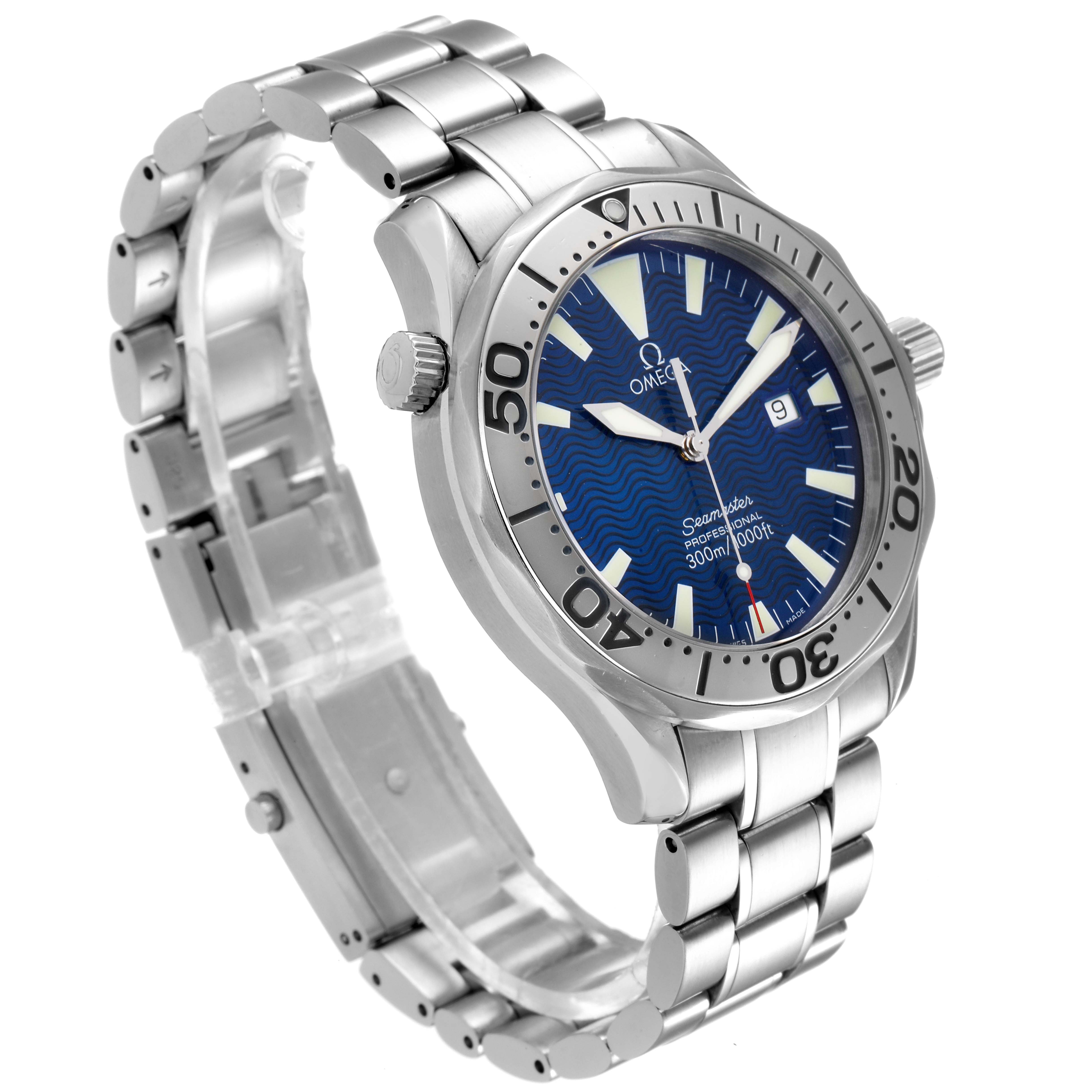This image shows an Omega Seamaster 2265.80.00 Men
s Stainless Steel Blue Dial 2265.80.00 Men
s Stainless Steel Blue Dial watch at a side angle, highlighting the watch face, bezel, crown, and metal bracelet.