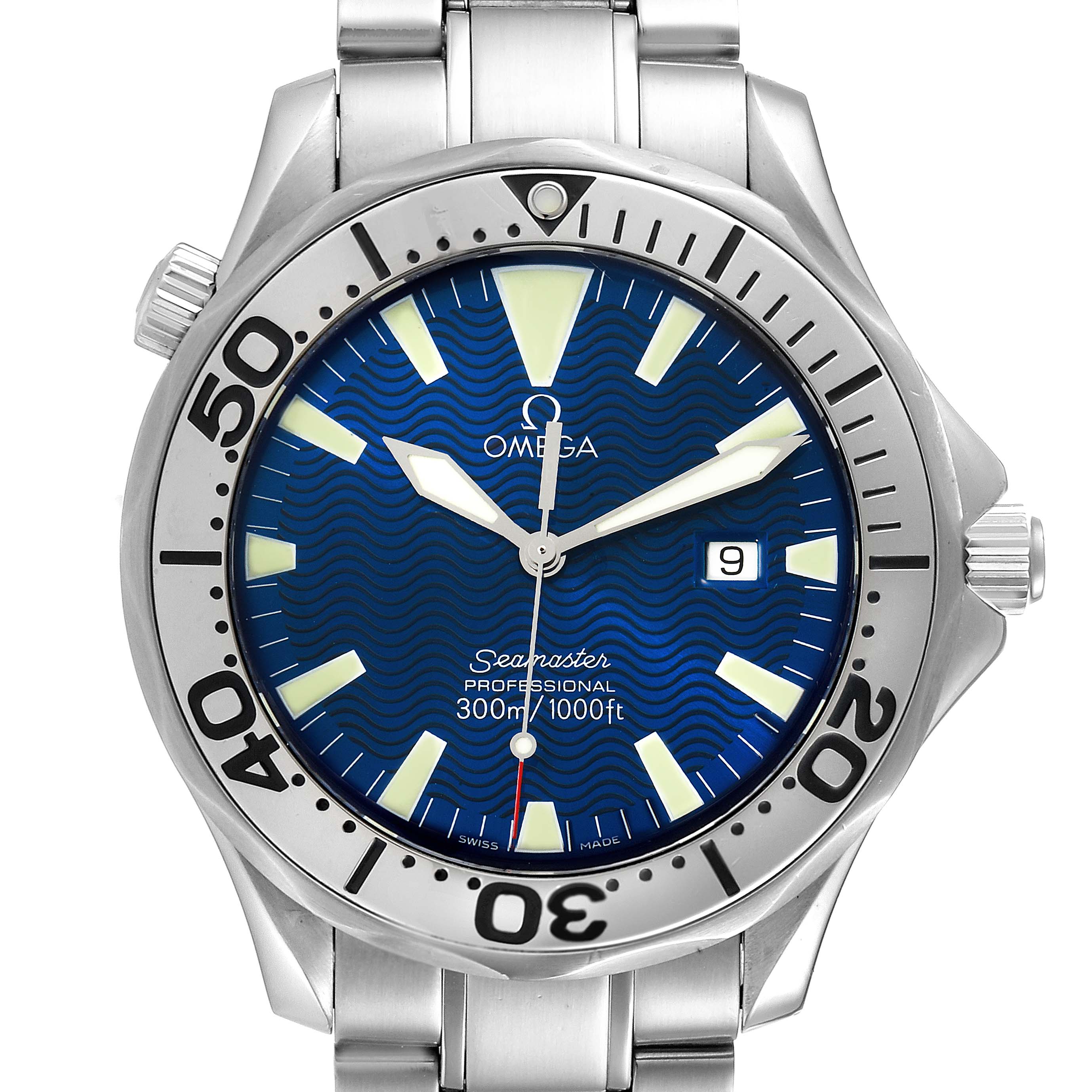 The image shows a front view of an Omega Seamaster 2265.80.00 Men
s Stainless Steel Blue Dial 2265.80.00 Men
s Stainless Steel Blue Dial watch, highlighting the dial, bezel, and part of the metal bracelet.