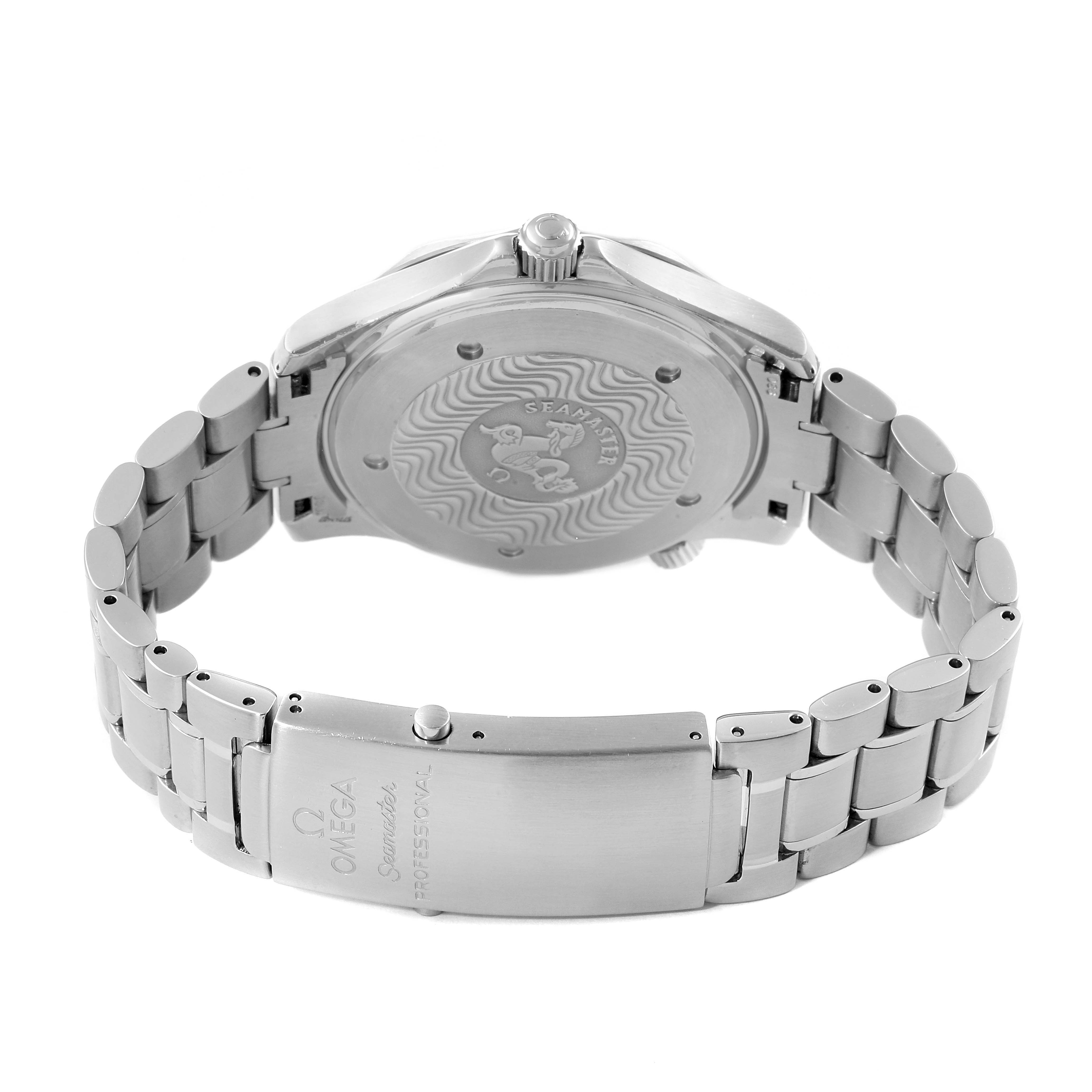 The image shows the back case and stainless steel bracelet of the Omega Seamaster 2265.80.00 Men
s Stainless Steel Blue Dial 2265.80.00 Men
s Stainless Steel Blue Dial watch, including its clasp and case back detailing.