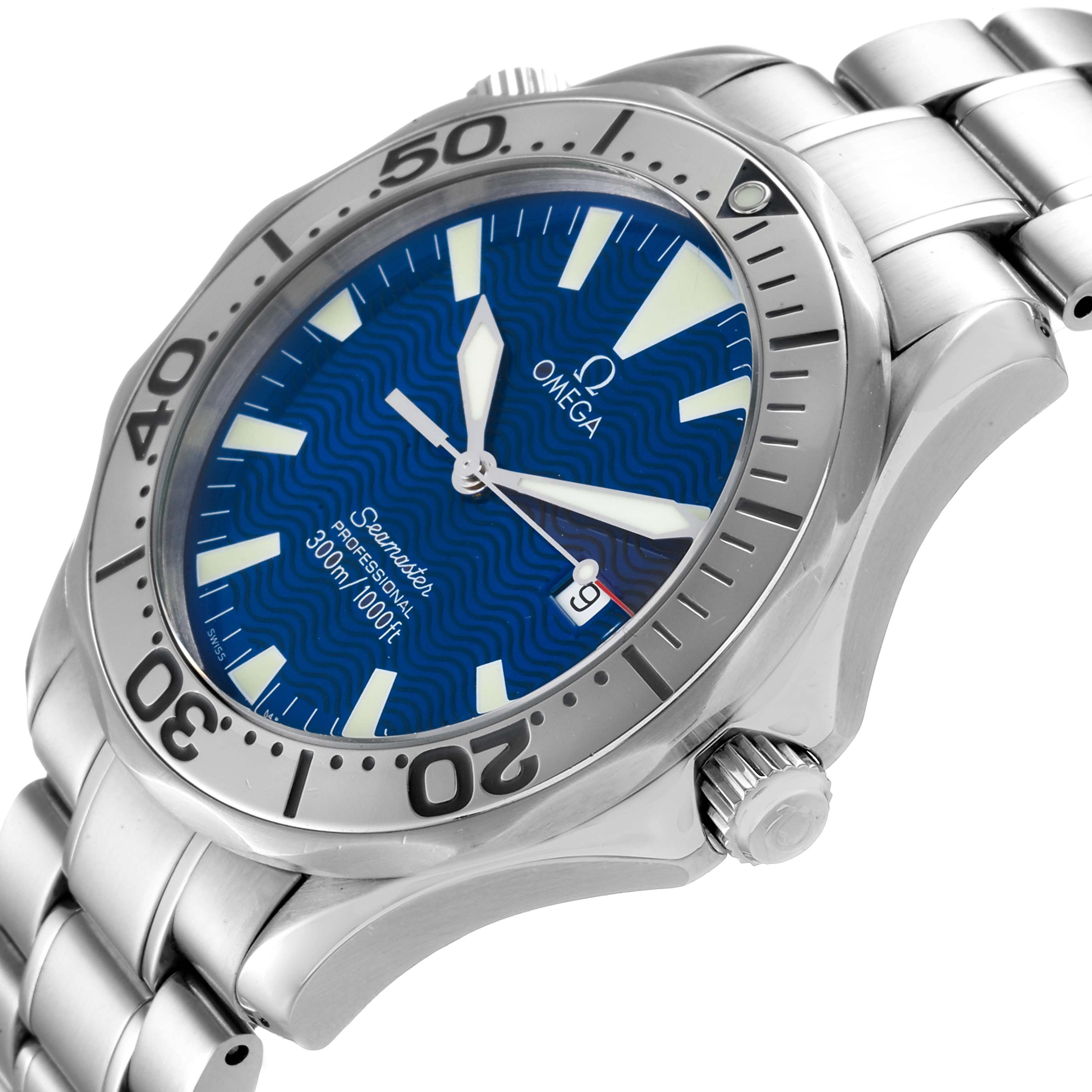 The image shows an angled view of the Omega Seamaster 2265.80.00 Men
s Stainless Steel Blue Dial 2265.80.00 Men
s Stainless Steel Blue Dial watch, highlighting the bezel, dial, crown, and part of the bracelet.