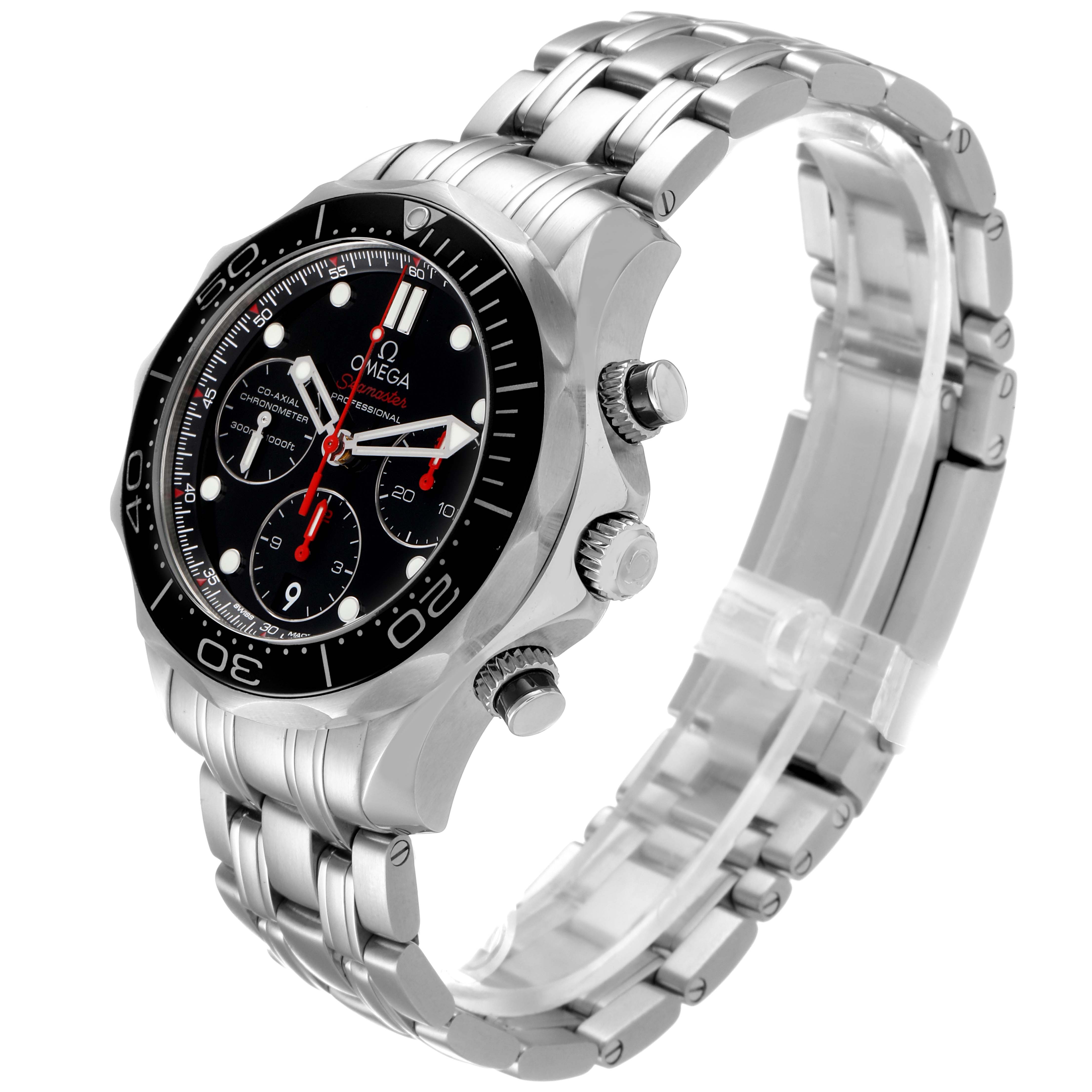 The image displays a side view of an Omega Seamaster 212.30.44.50.01.001 Men
s Stainless Steel Black Dial 212.30.44.50.01.001 Men
s Stainless Steel Black Dial watch, highlighting its face, bezel, buttons, and metal bracelet.