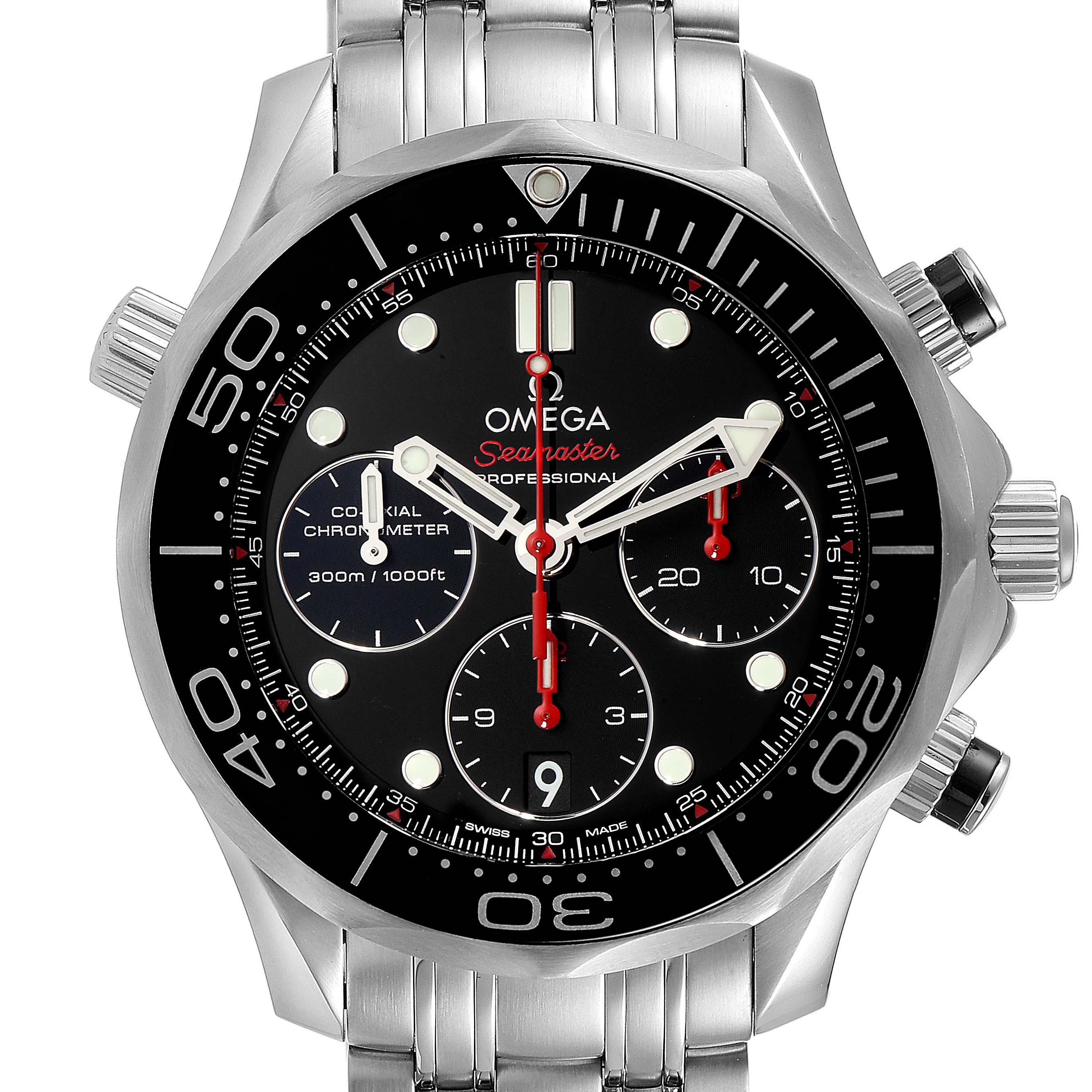 The image shows a frontal view of the Omega Seamaster 212.30.44.50.01.001 Men
s Stainless Steel Black Dial 212.30.44.50.01.001 Men
s Stainless Steel Black Dial watch, highlighting its dial, bezel, and metal bracelet.